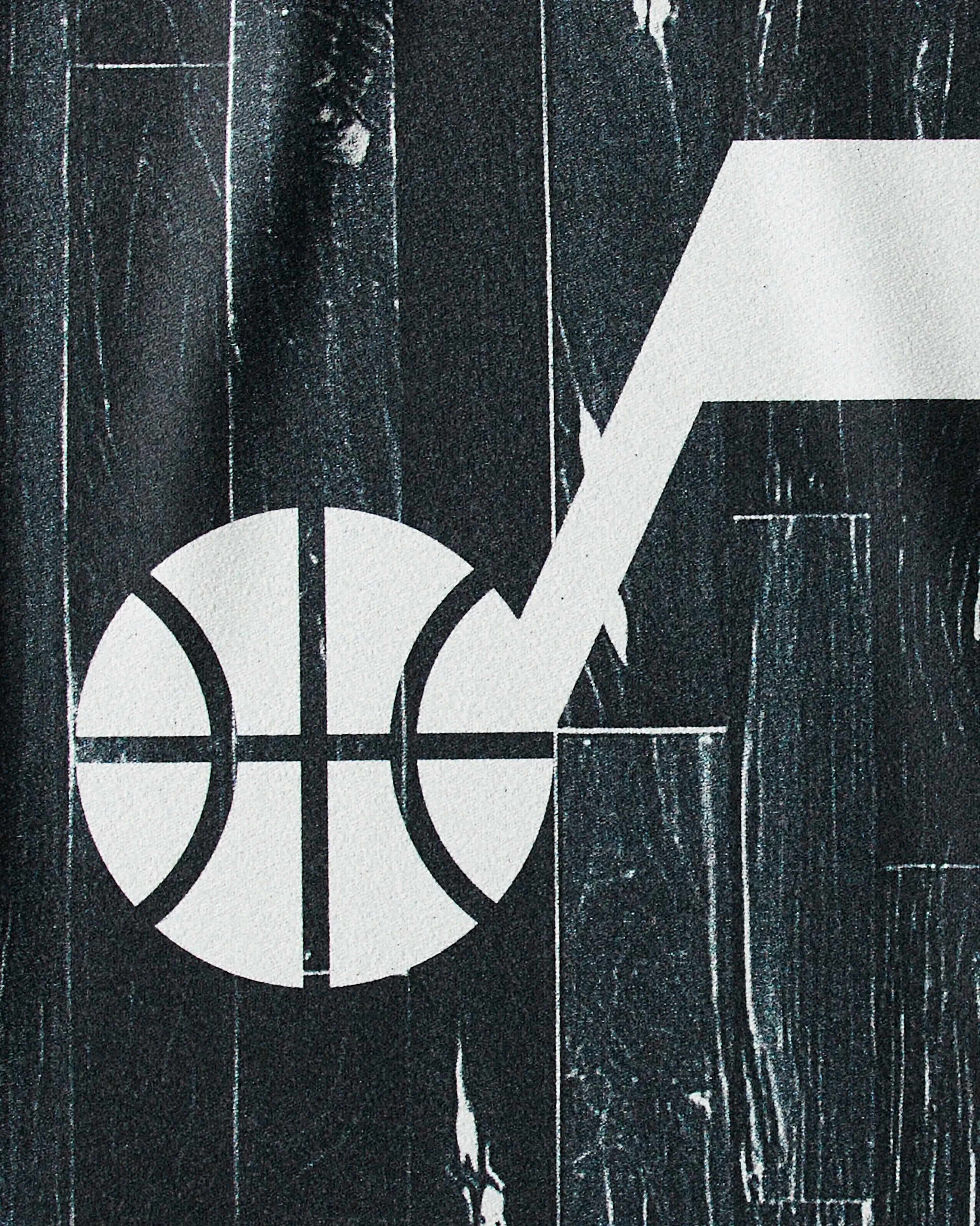 Jazz Zone by Geometry features a stylized Utah Jazz logo—combining a basketball and musical note on a dark, wood-patterned background—making it the ideal inspiration for an NBA fitness or sustainable workout towel.