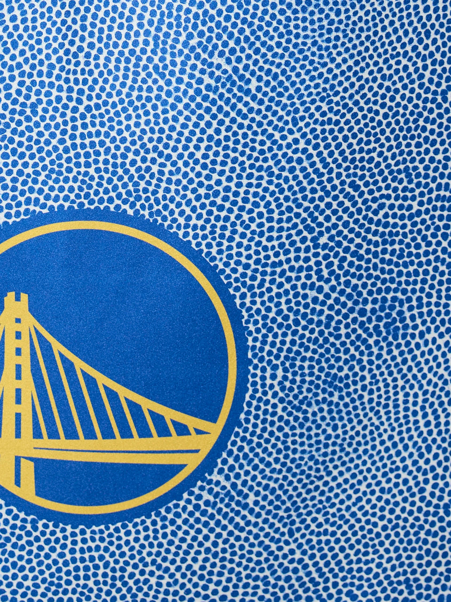 A close-up of Geometry’s Warriors Grip shows the Golden State Warriors’ yellow bridge logo in a blue circle, set on a dotted blue and white background evoking basketball texture.