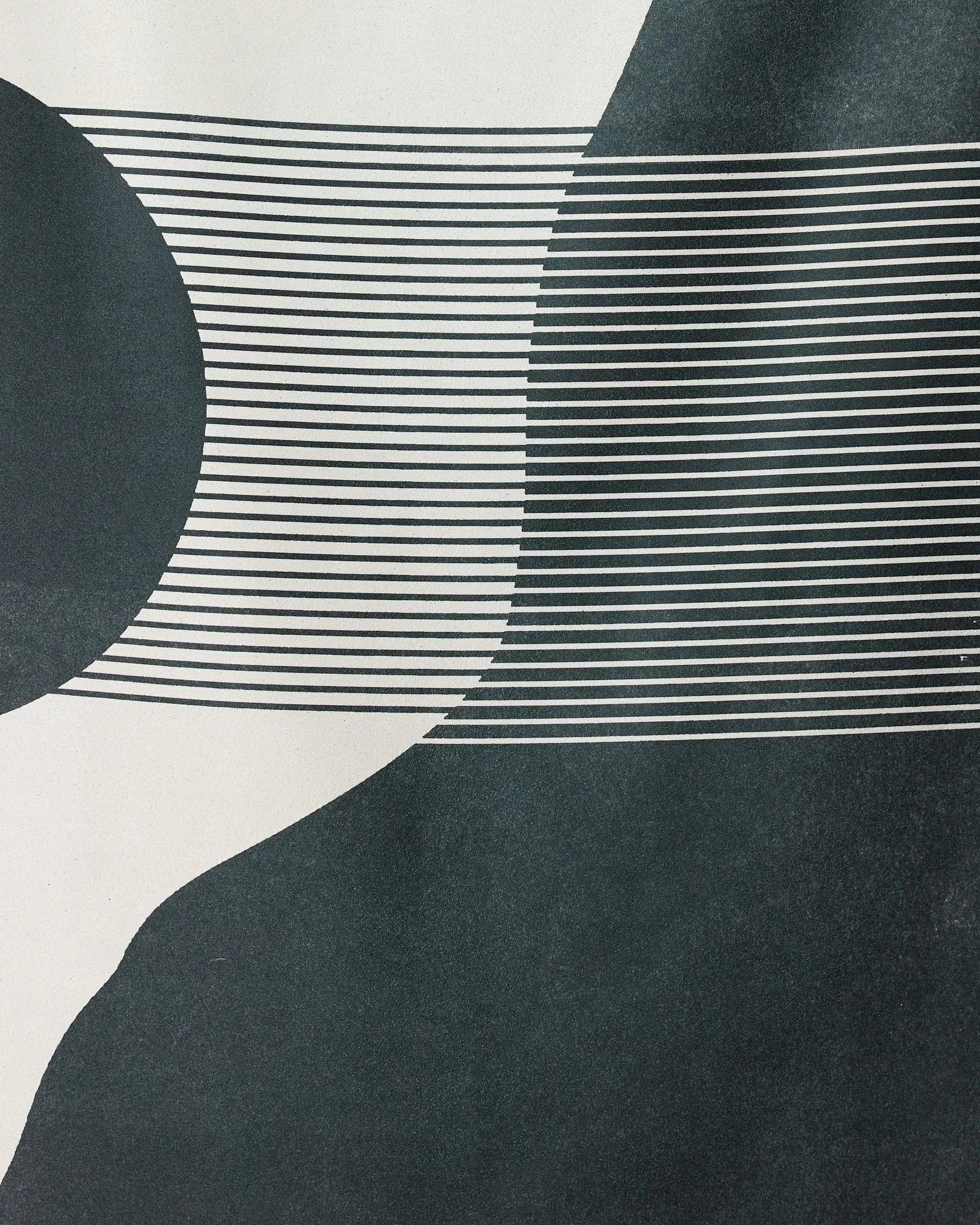 Abstract black and white artwork with curved lines, organic shapes, and geometric forms, reflecting the modern style of the Geo Hill beach towel by GEOMETRY, crafted from recycled materials.