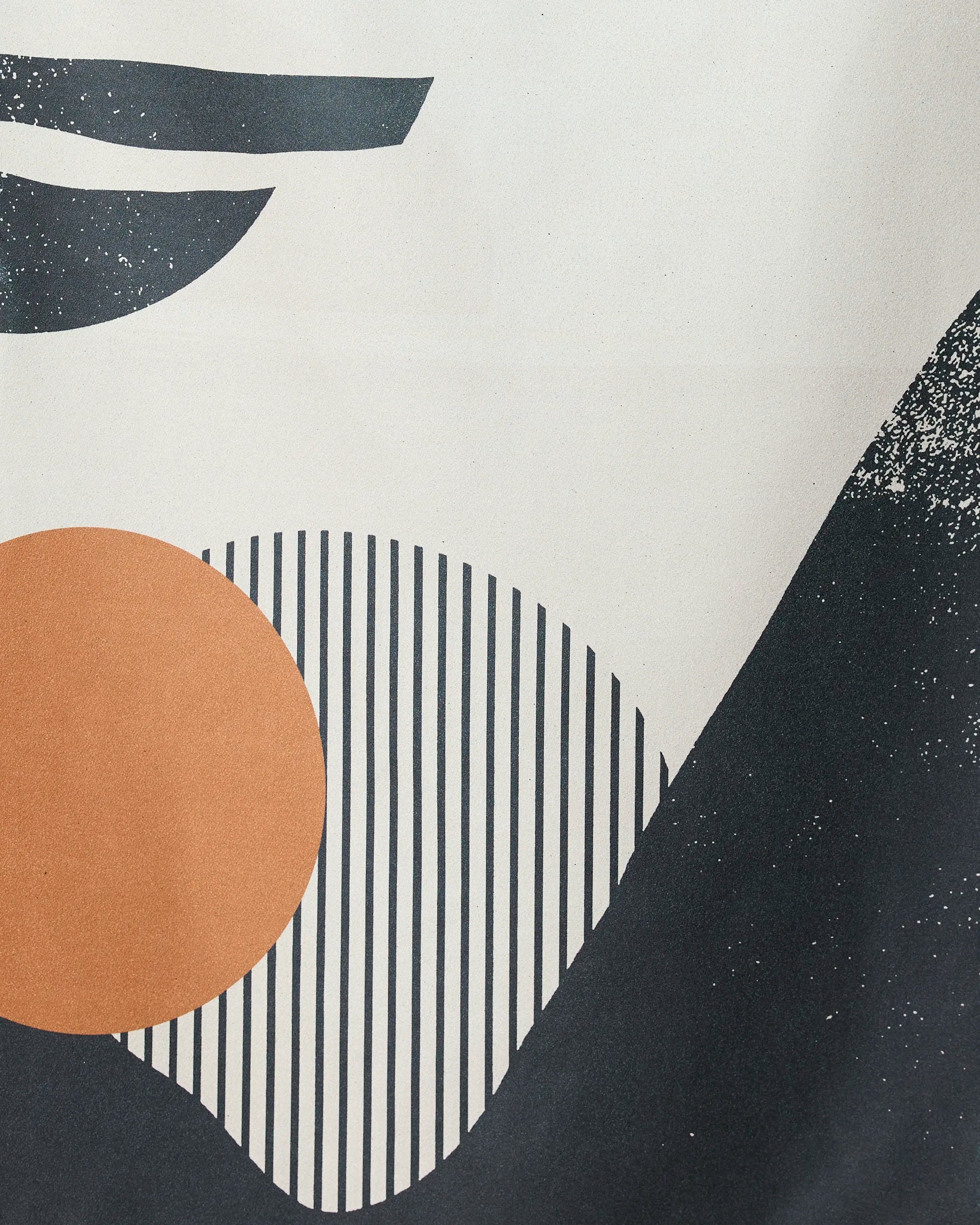 Abstract art image with a bold orange circle, black curves, and geometric lines on a beige background—inspired the GEOMETRY Geo Seaside beach towel.