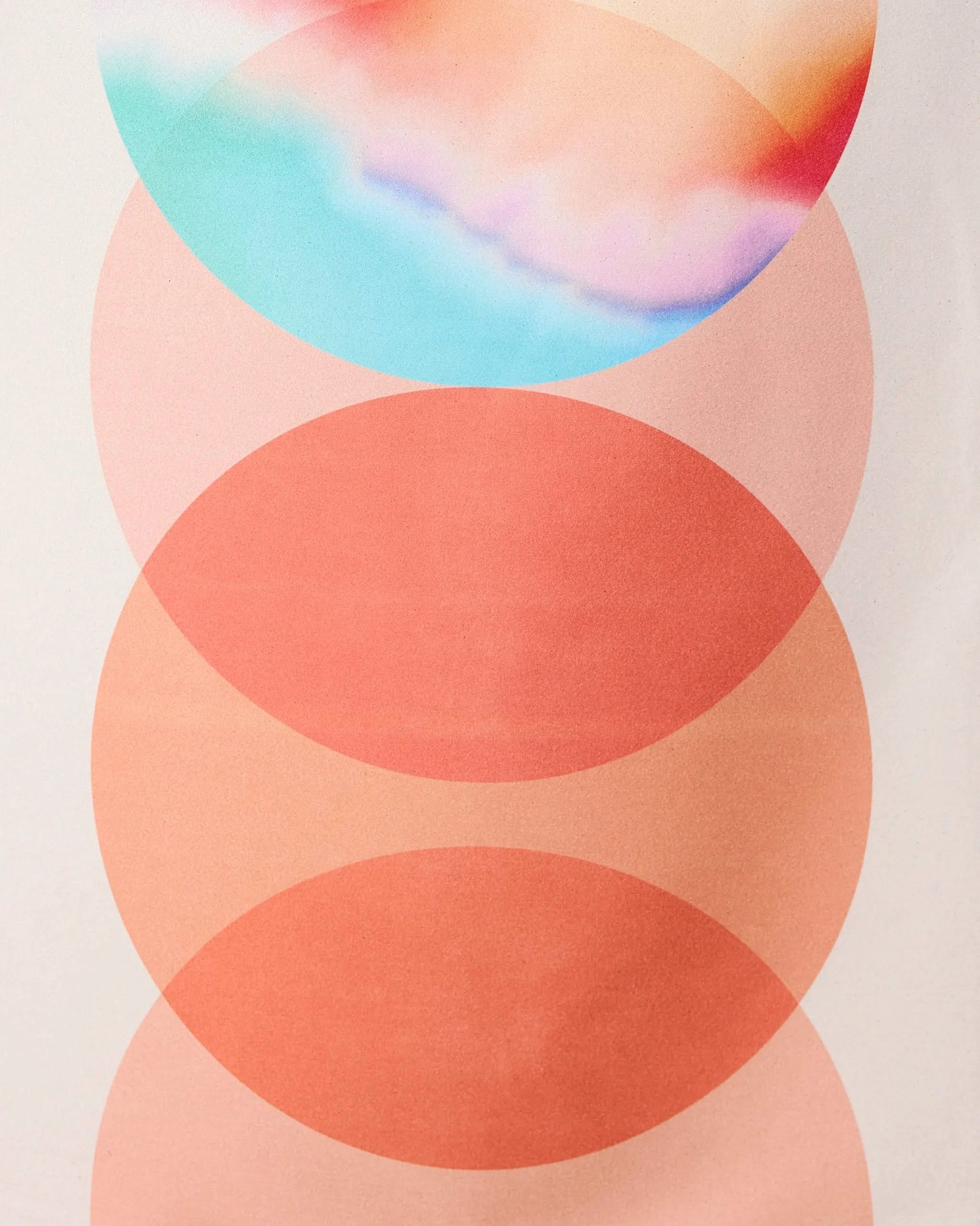 Abstract image with four vertically aligned circles: the bottom three are orange shades, while the top circle features pastel blue, pink, and peach hues in a watercolor style resembling the GEOMETRY Orange Dream towel.