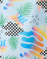 Abstract design with checkered clouds, gradient blobs, green palm leaves, and star outlines on a light background. The Playful Paradise Beach Towel by GEOMETRY combines pastel style and geometric shapes for a vibrant look.