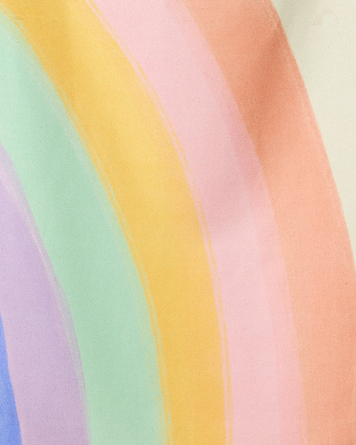 A close-up of pastel rainbow stripes on a soft surface, the GEOMETRY Rainbow Micro-loop Beach Towel features shades of purple, blue, green, yellow, orange, and pink—crafted from quick-drying recycled materials.