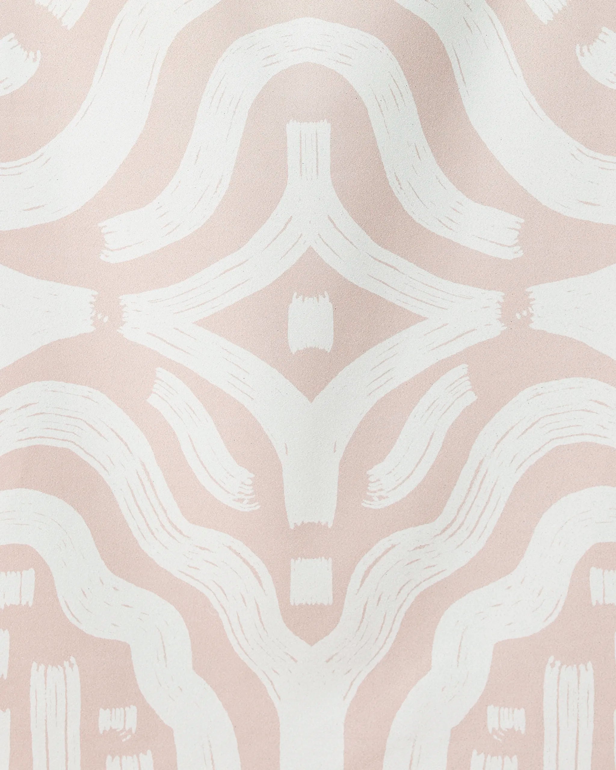 White brushstroke-like lines form symmetrical, curved shapes on light pink, creating a geometric, organic pattern—perfect for the Tribal beach towel by GEOMETRY, made from quick-drying recycled materials.