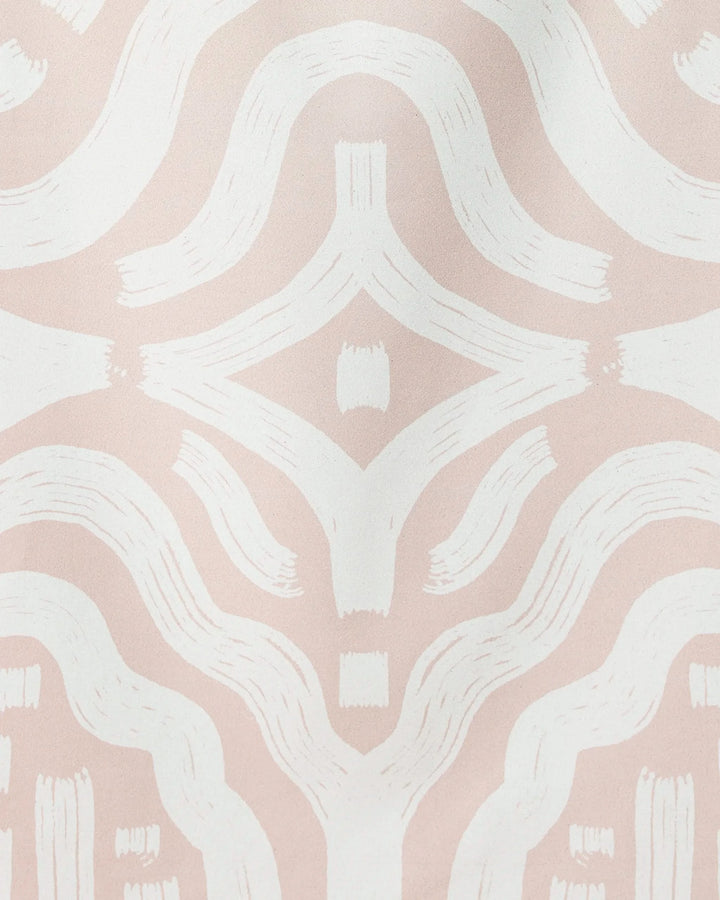 White brushstroke-like lines form symmetrical, curved shapes on light pink, creating a geometric, organic pattern—perfect for the Tribal beach towel by GEOMETRY, made from quick-drying recycled materials.