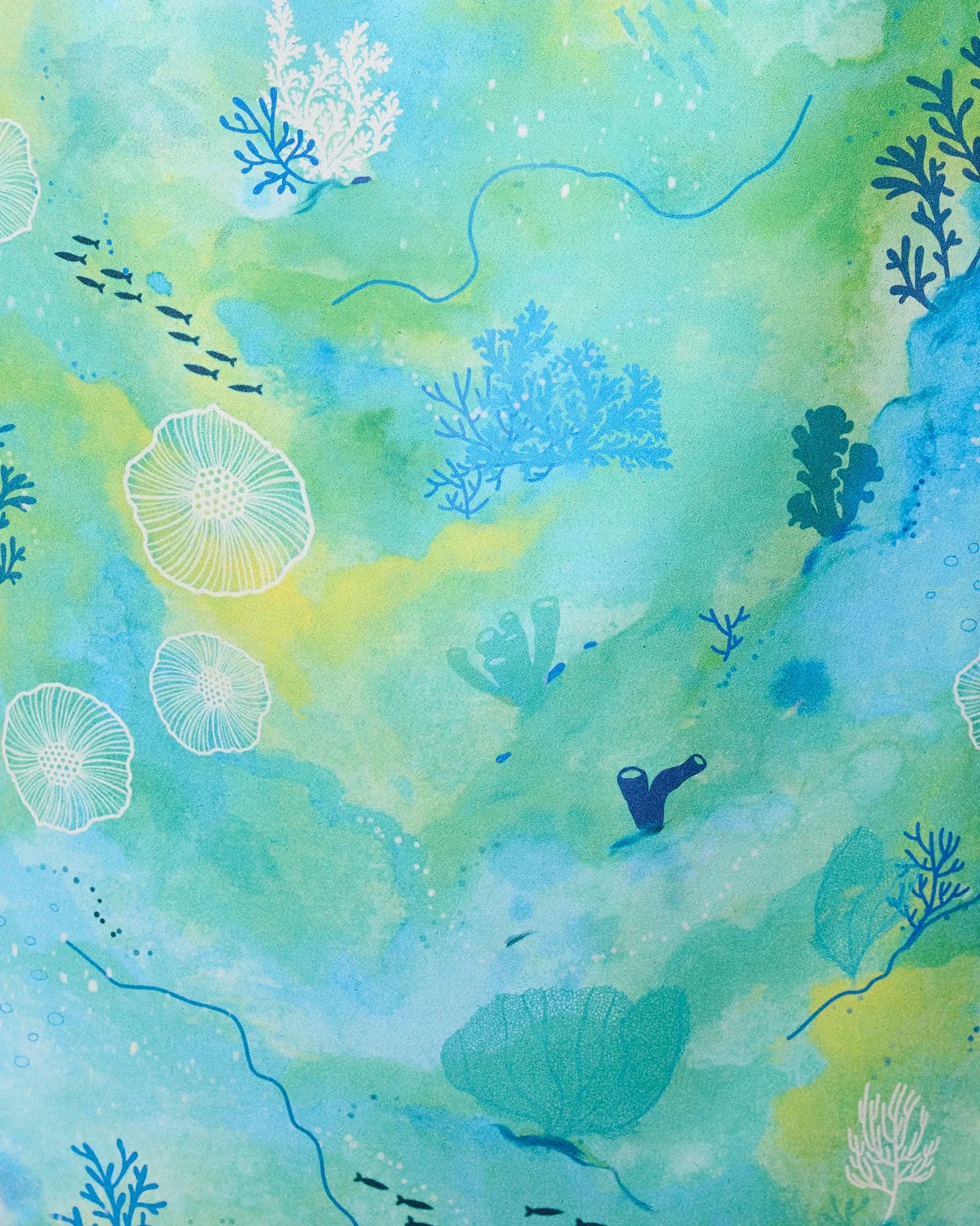 Watercolor-style illustration of vibrant corals, seaweed, and fish in blue-green hues—Reefy Greens by GEOMETRY is the perfect inspiration for a Micro-loop Beach Towel crafted from recycled materials.