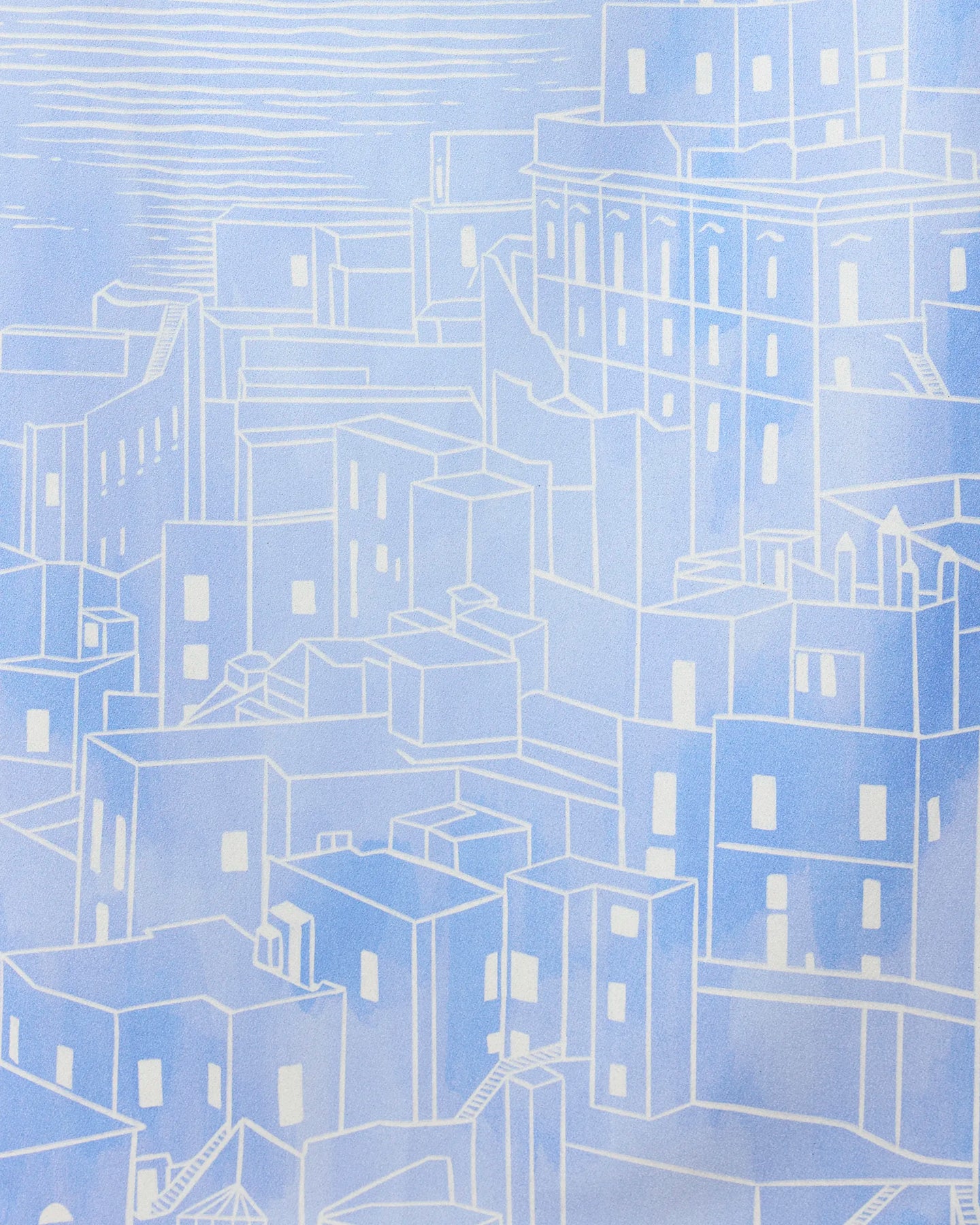 Abstract illustration of a cityscape in blue and white geometric shapes, reminiscent of the simple lines featured on the Amalfi Coast towel by GEOMETRY, set against a lightly textured sky.