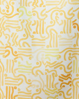 A grid of abstract, wavy orange and yellow lines and dots decorates the Venus Micro-loop Beach Towel by GEOMETRY, with repeating patterns and subtle shifts in color and direction for a stylish modern look.
