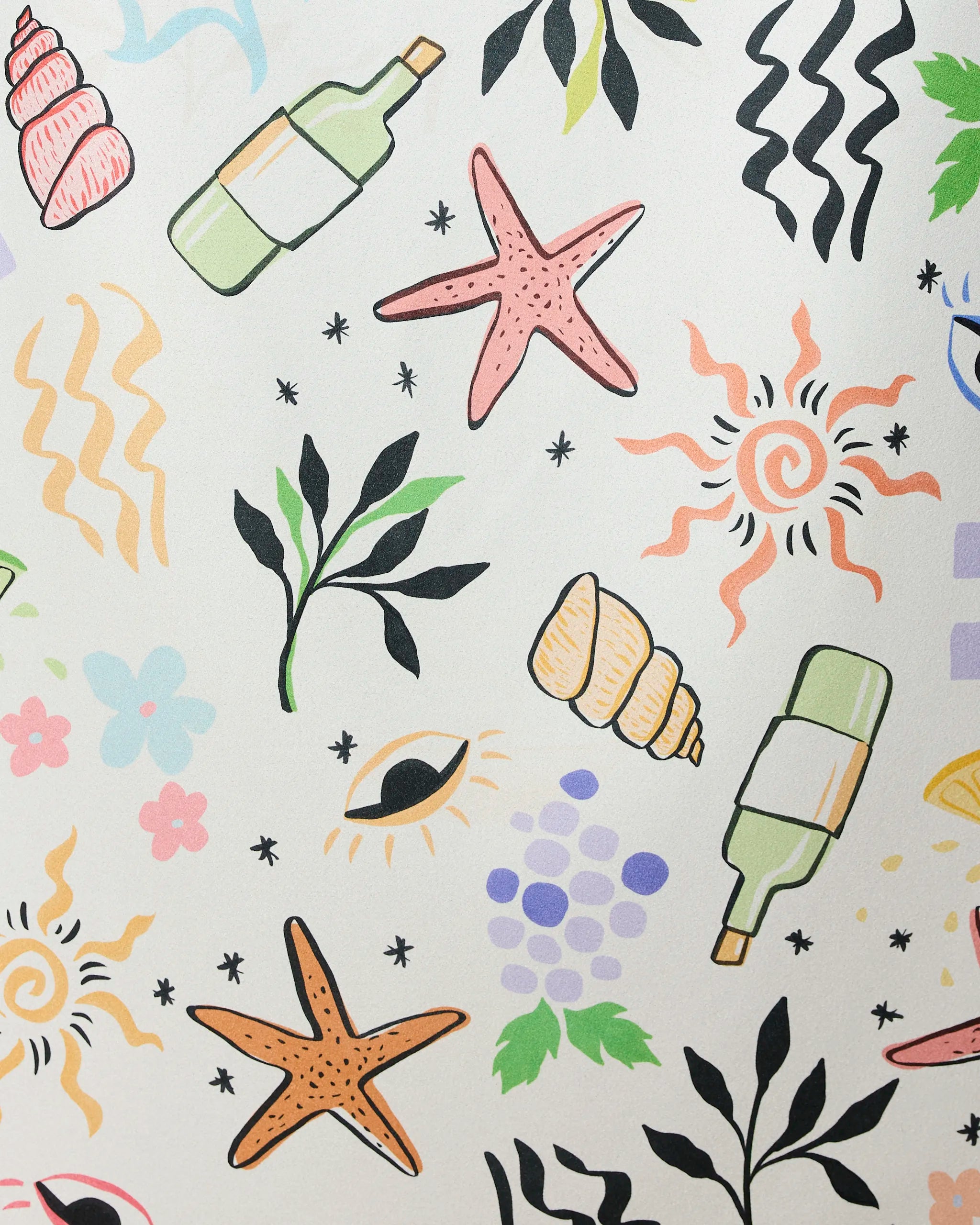 A vibrant pattern of starfish, wine bottles, seashells, sun shapes, grapes, leaves, and more enlivens the GEOMETRY Wine Not Micro-loop Beach Towel—a quick-drying towel made from recycled materials for fun in the sun.