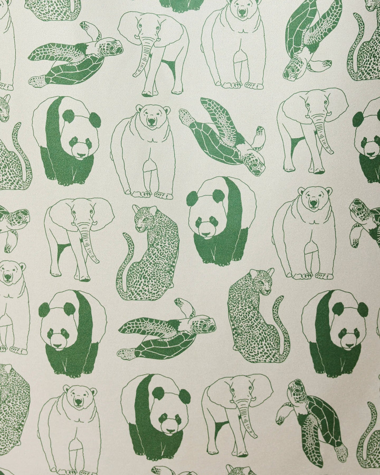 Endangered by GEOMETRY features a repeating pattern of simple green line elephants, pandas, polar bears, sea turtles, and leopards on a light backdrop—ideal for a quick-drying micro-loop beach towel made from recycled materials.