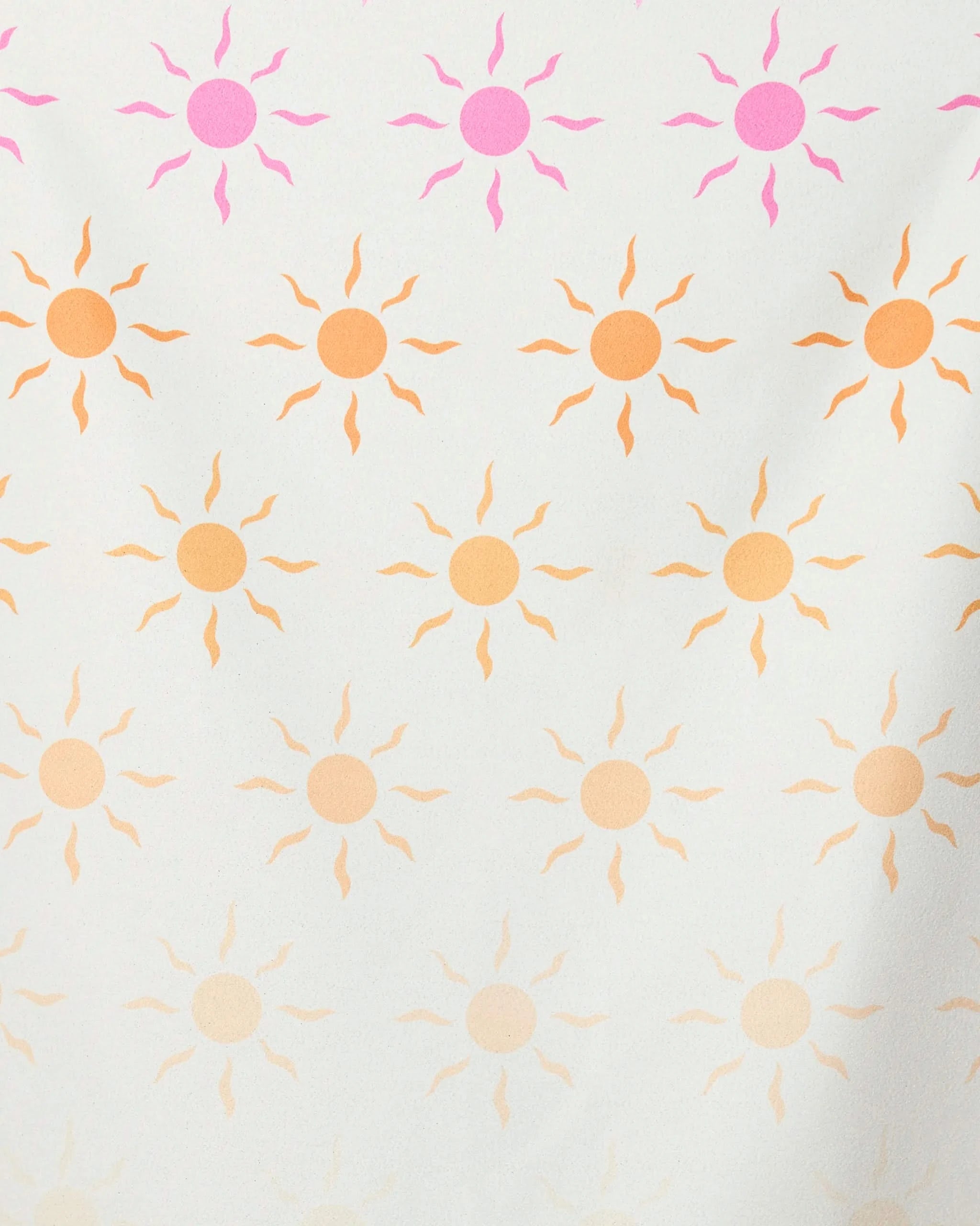 The GEOMETRY Fun in the Sun micro-loop beach towel features rows of sun shapes in pink and orange fading from top to bottom on white. Made with recycled materials, its quick-drying design is perfect for sunny days.