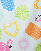 Pool Party by GEOMETRY features a vibrant summer pattern with ice pops, pink flamingos, monstera leaves, and playful floats on a light background—perfect on this quick-drying beach towel made from recycled materials.
