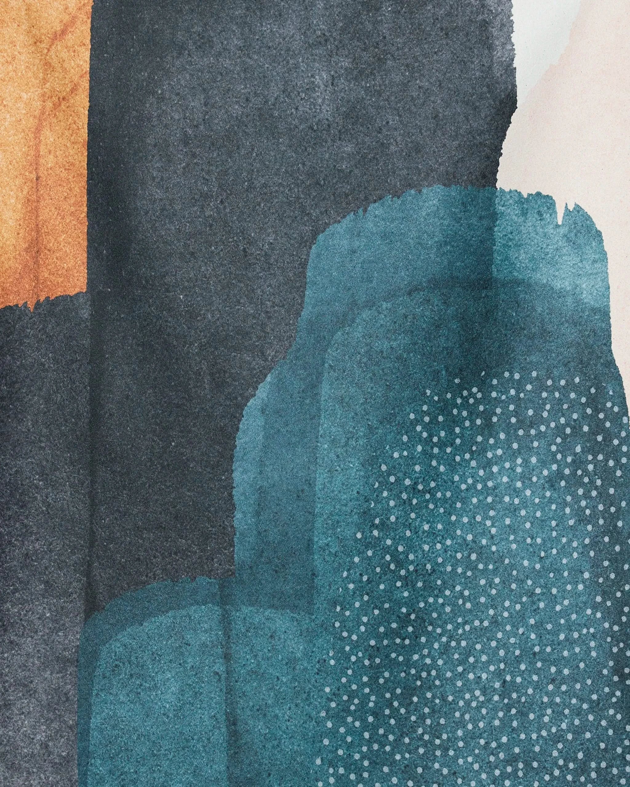 Abstract watercolor artwork with layered shapes in dark grey, teal, orange, and white. Inspired by the GEOMETRY Founded Beach Towel, this modern piece features dotted patterns and textured areas for an artistic touch.
