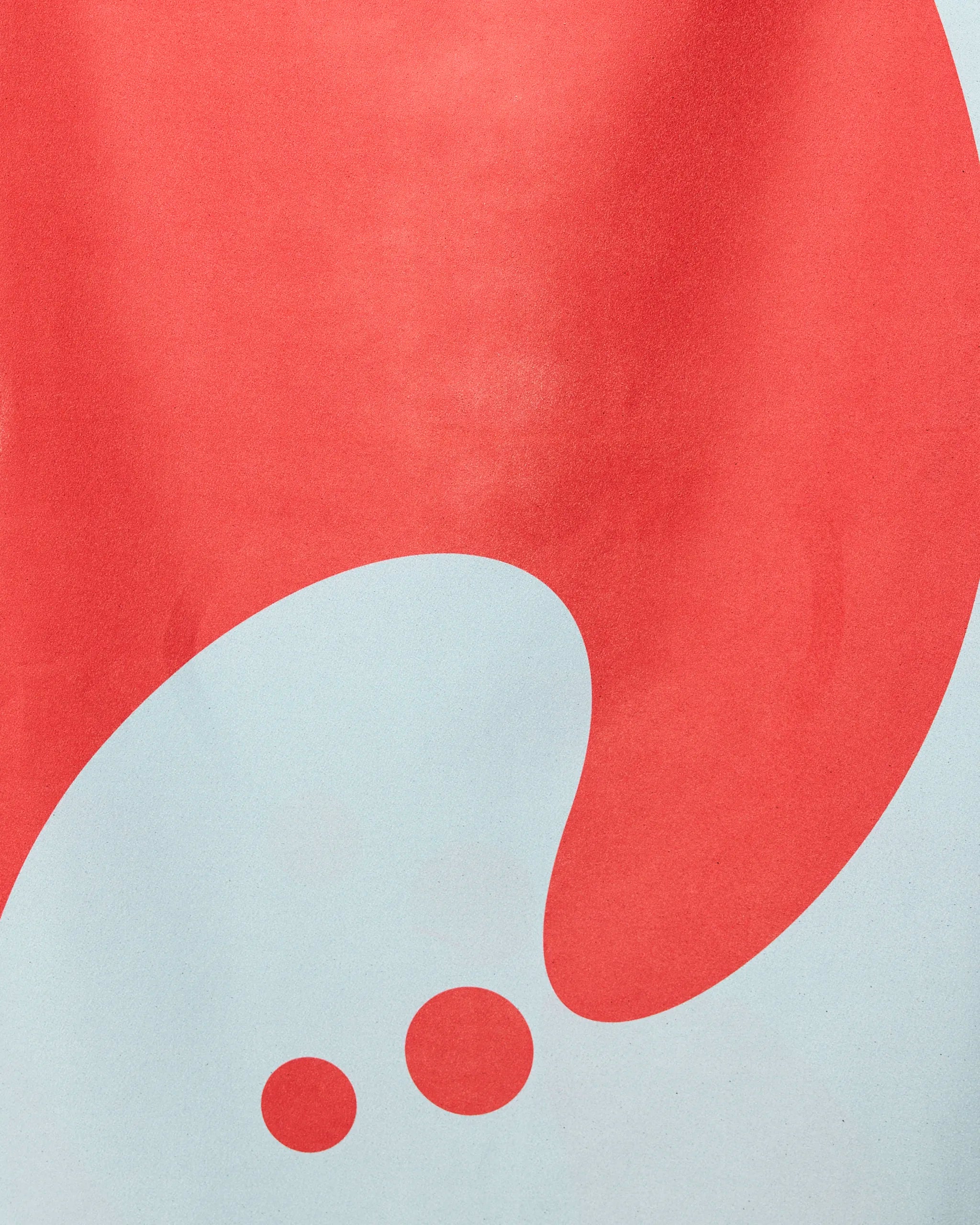 Abstract design with a large, curved red shape and two small red dots on a light gray background, inspired by recycled materials in the Tidal beach towel by GEOMETRY.