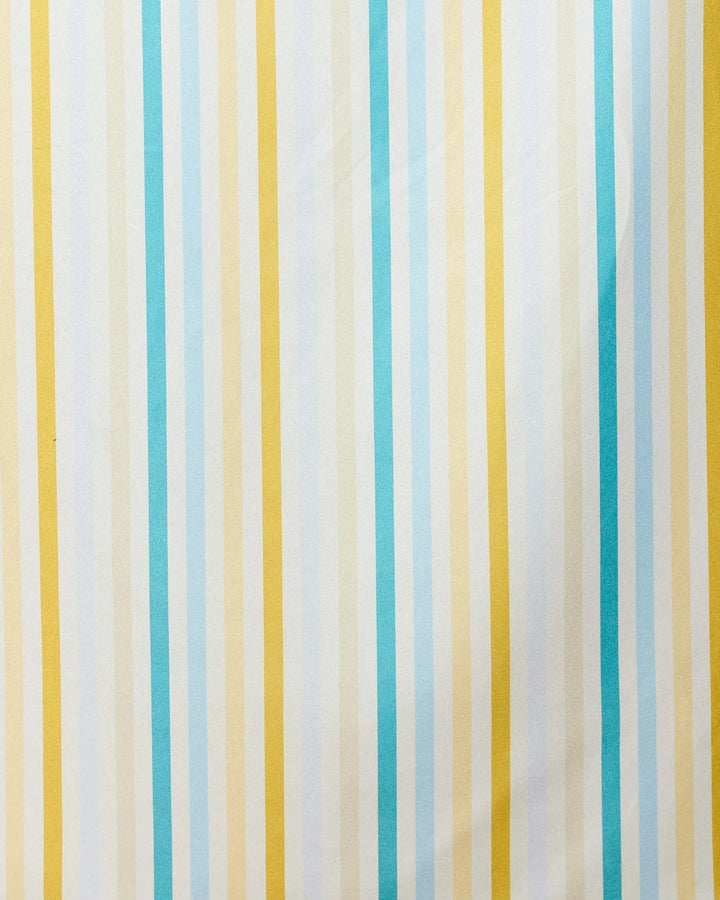 Vibrant yellow, blue, and white vertical stripes give the Seaside Sunshine Beach Towel by GEOMETRY a colorful style. Made from recycled materials, its evenly spaced pattern is both chic and eco-friendly.