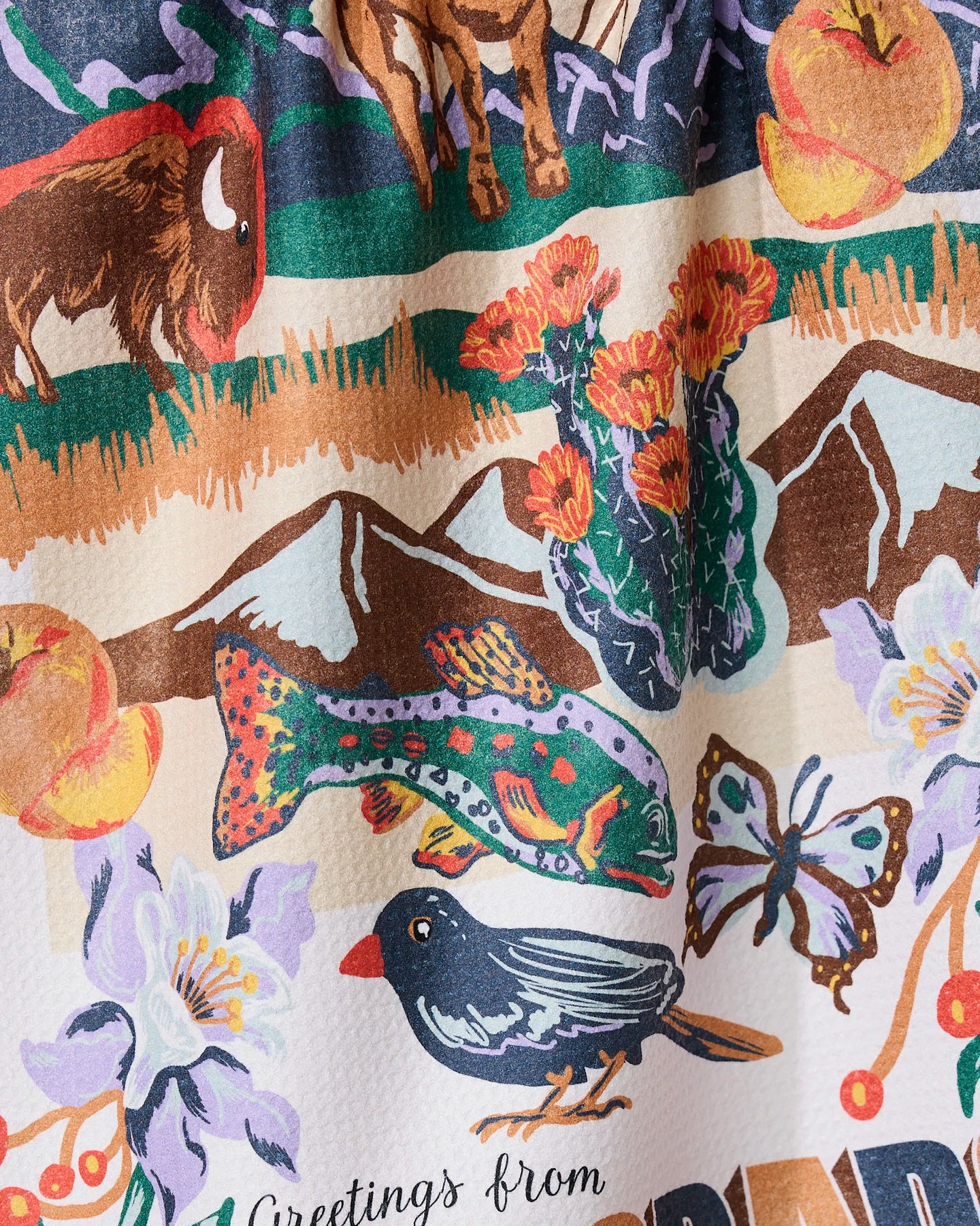 The Geometry Greetings From Colorado tea towel features a colorful illustration of local wildlife and scenery. Quick-drying and made with recycled materials, it displays “Greetings from” at the bottom for a vibrant Colorado touch.