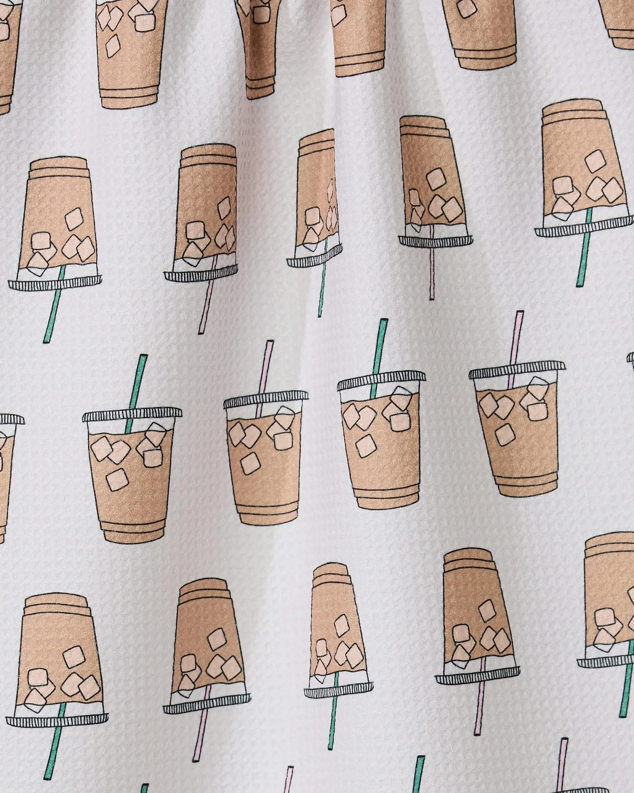 Sippin on Summer by GEOMETRY features illustrated iced coffee drinks with straws and ice cubes in plastic cups, neatly arranged on white—perfect for an eco-friendly kitchen or tea towel.