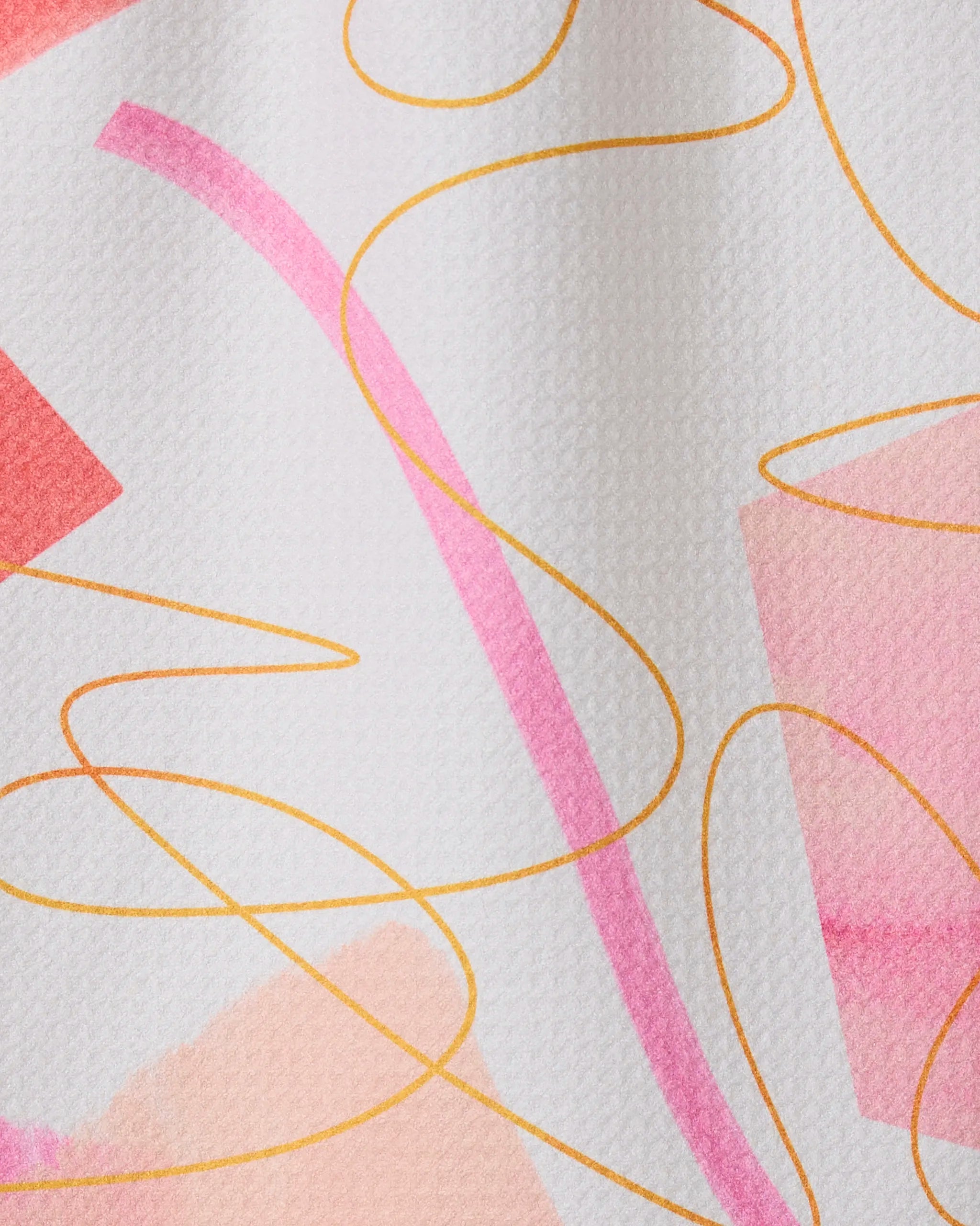 Memories by GEOMETRY features pink and peach watercolor shapes with wavy yellow lines on a white, textured background—a chic design for an ultra-absorbent or recycled kitchen towel.