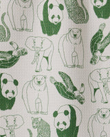 The GEOMETRY Endangered bar towel is made from recycled materials and features green line art of pandas, polar bears, elephants, sea turtles, and leopards in a repeating pattern on a white background.