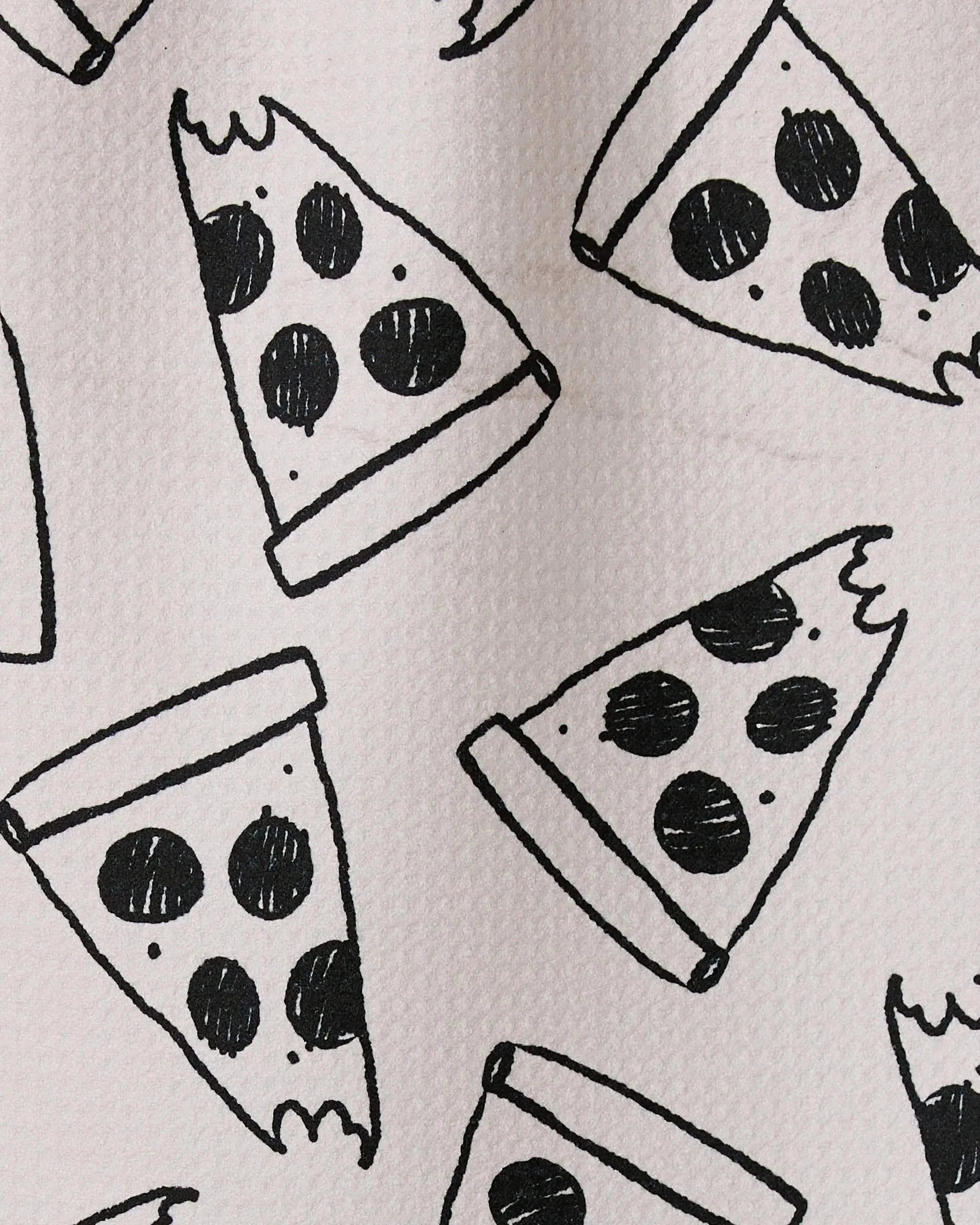 The Cole Strem Eternal Slice bar towel is made from recycled materials and showcases a black-and-white cartoon pizza slice pattern with three pepperoni toppings on a textured light background.