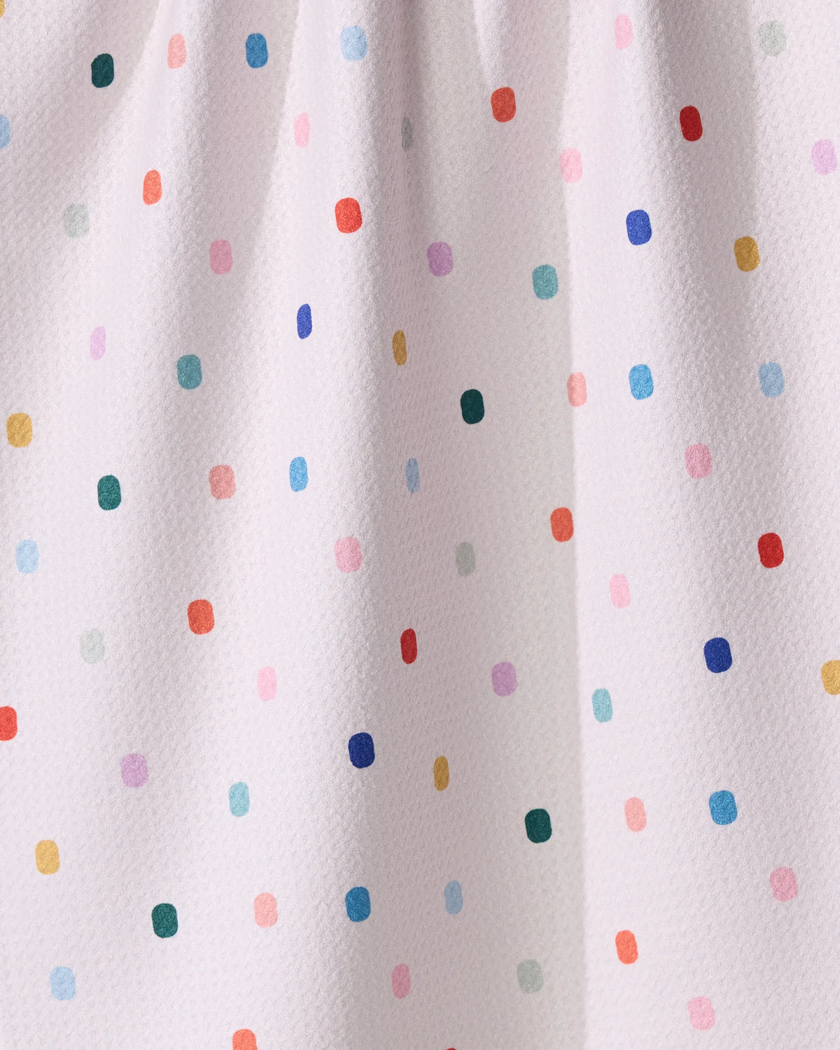 Geometry Tile Shuffle kitchen towel in off-white fabric featuring a repeating pattern of small, multicolored vertical rectangles.