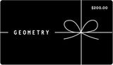Geometry E-Gift Card by GEOMETRY: sleek black design with GEOMETRY on the left, a white bow outline on the right, and $200.00 in the top corner—the ideal digital gift for any occasion.