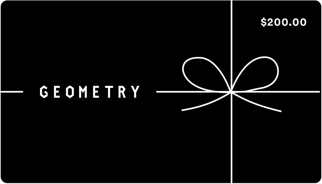 Geometry E-Gift Card by GEOMETRY: sleek black design with GEOMETRY on the left, a white bow outline on the right, and $200.00 in the top corner—the ideal digital gift for any occasion.