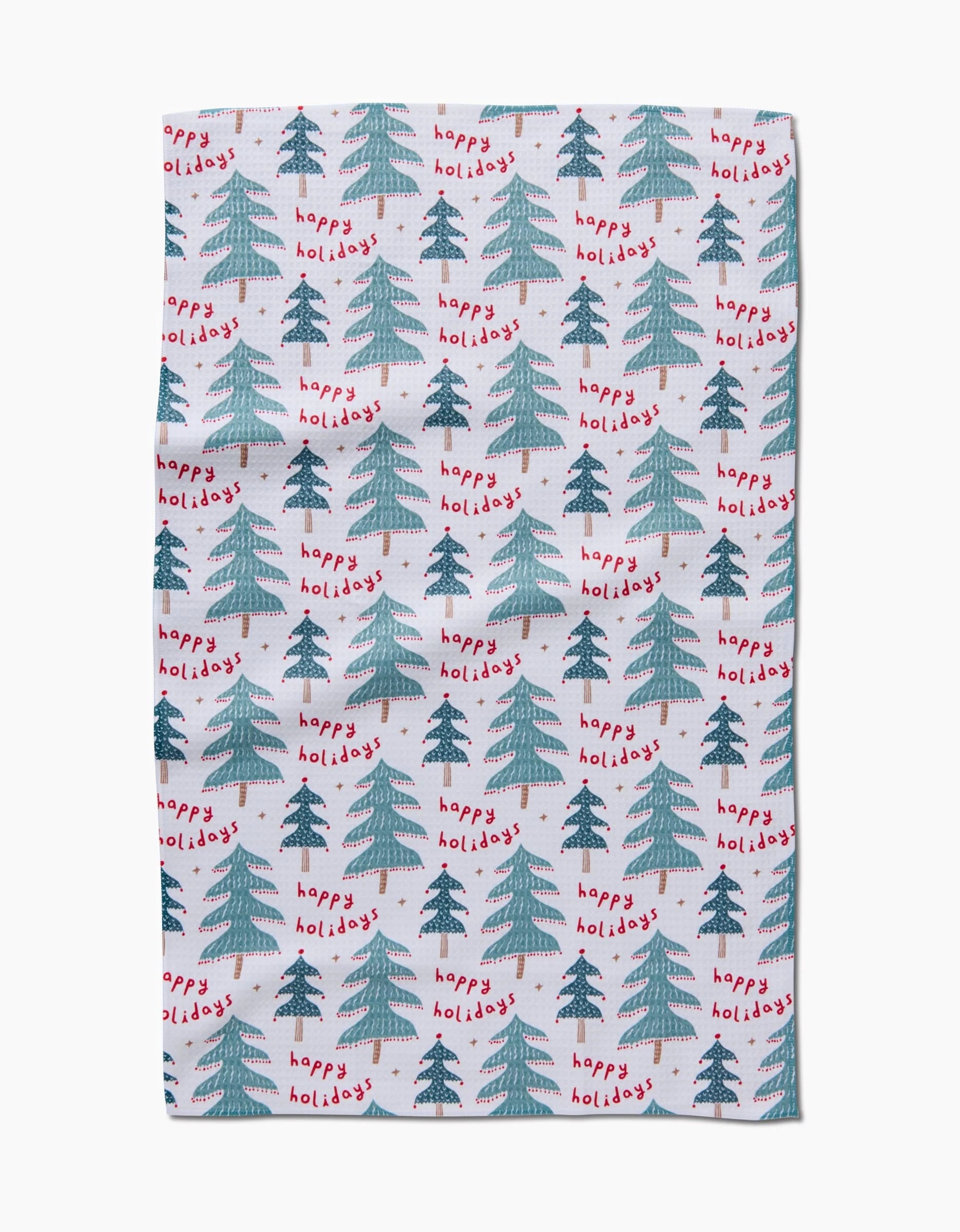 The Berry Happy Holidays hand towel by Roxy Marj features a white Geoweave fabric with green Christmas trees and red happy holidays text for a quick-drying, festive touch.