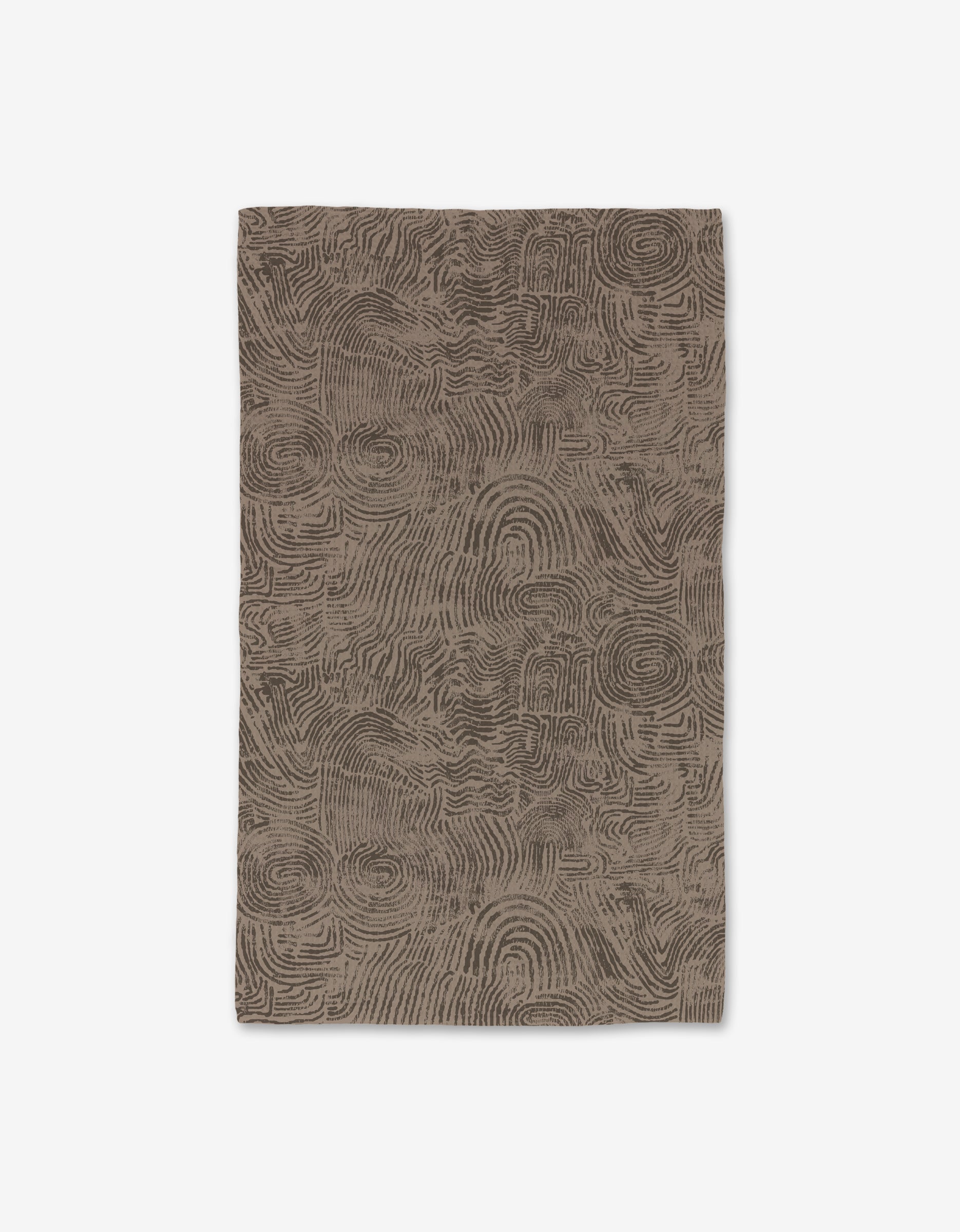 The Imprint rug by Studio Jeannot is a rectangular brown mat with abstract swirling lines like topographic contours, crafted with Geoweave technology for ultra-absorbency, shown on a white background.