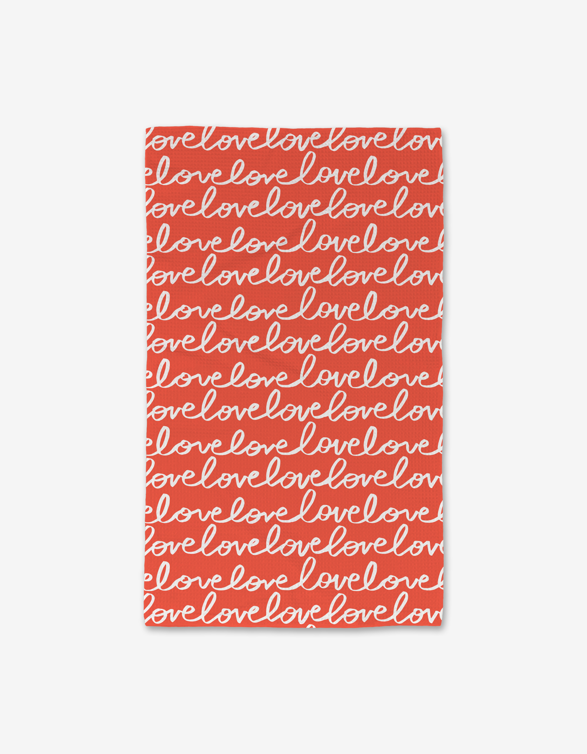 A rectangular red card from Kayla Ann’s Infinite Love collection features love repeatedly in white cursive, forming a seamless handwritten pattern—like a Luxe Hand Towel designed for stylish expression.