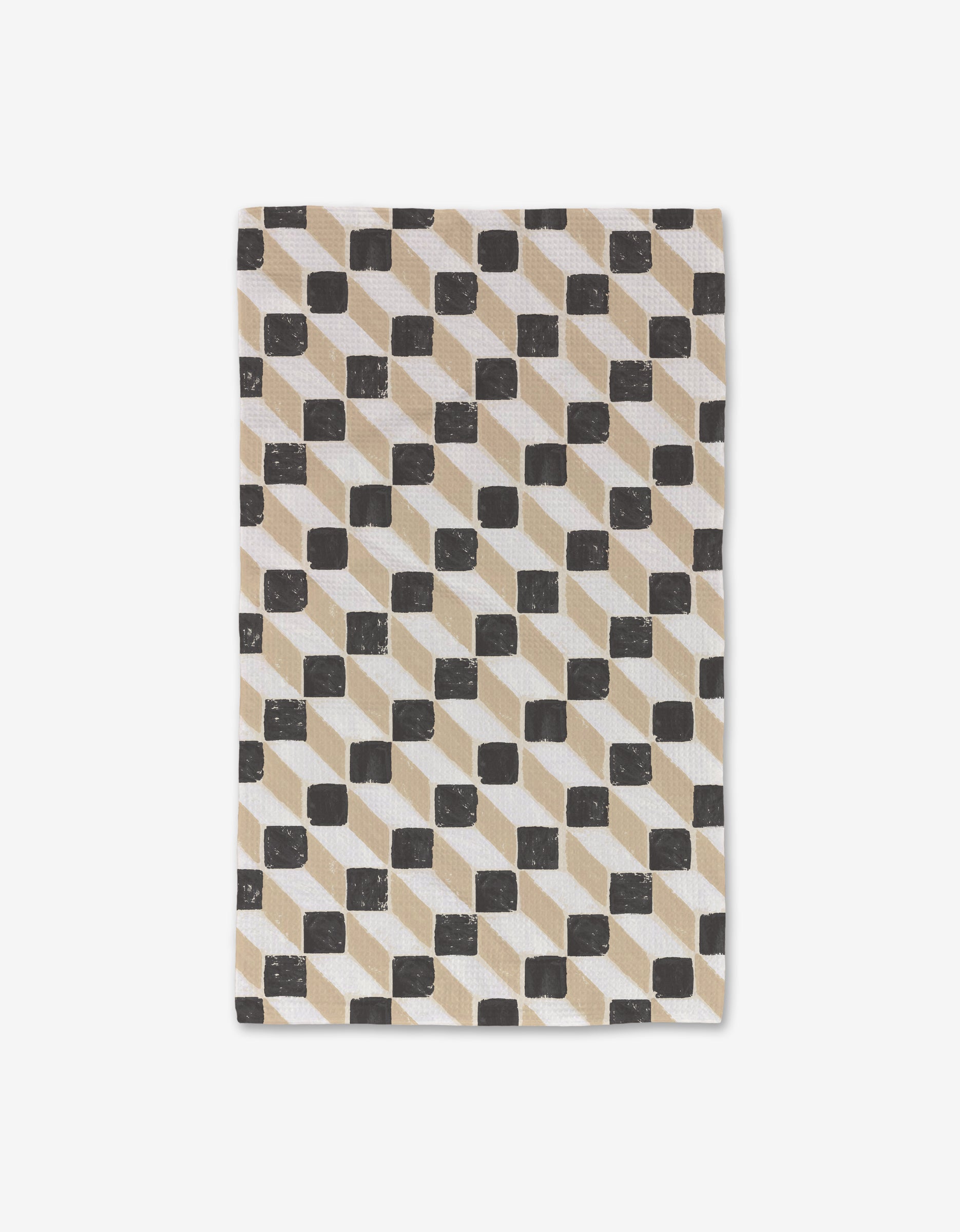 The Tessera Luxe Hand Towel by Studio Jeannot features a geometric pattern of black squares and beige lines on white. Made with Geoweave technology, this ultra-absorbent towel creates a bold optical illusion effect when laid flat.
