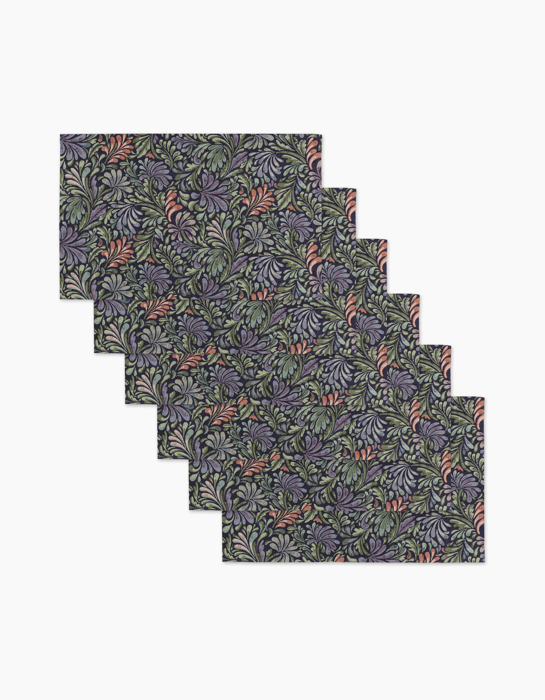 Six rectangular Acanthus placemats by Kris Ruff feature a repeating floral pattern in green, purple, and pink on white—a stylish, sustainable alternative to paper towels for elegant dining.