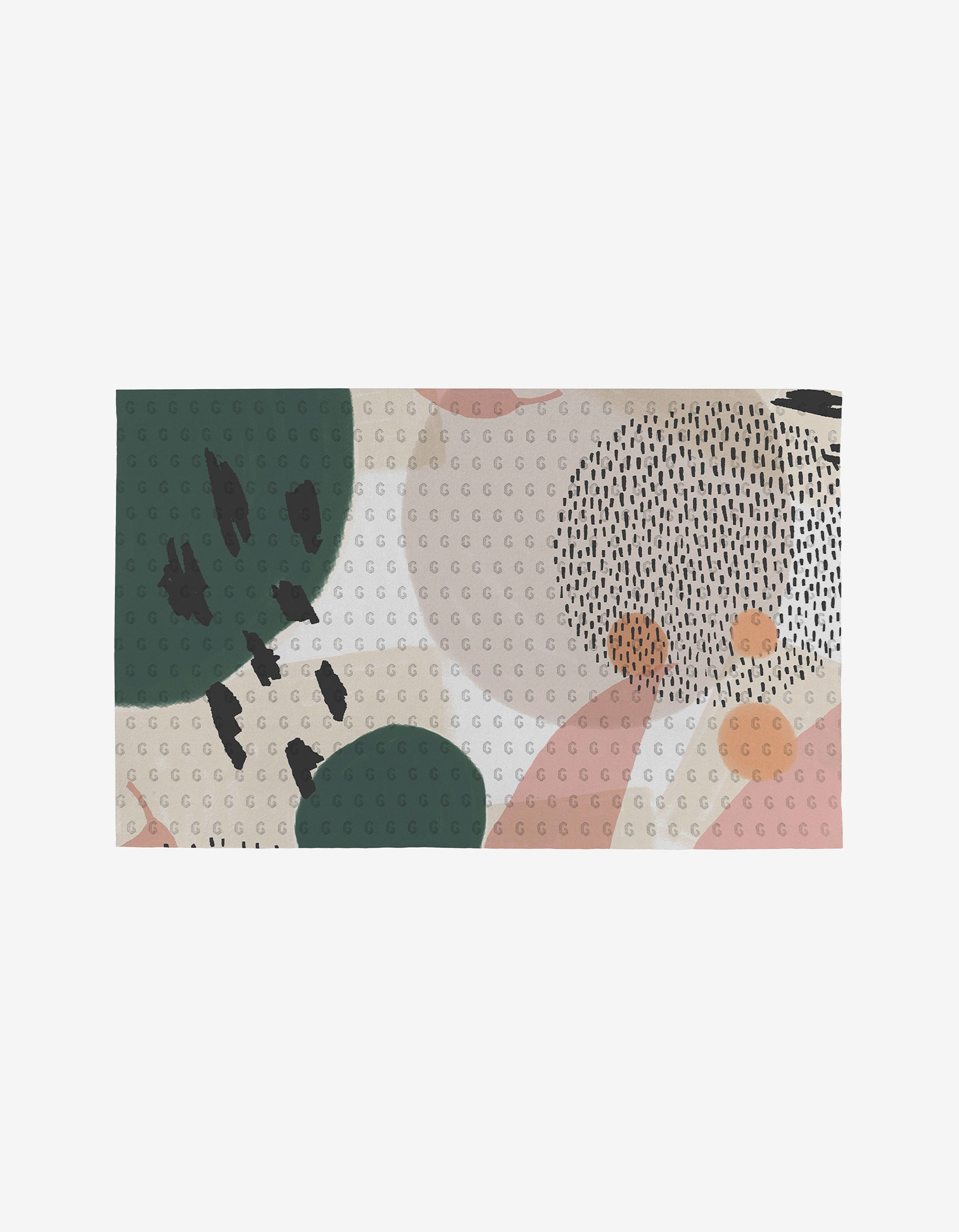 The GEOMETRY Artistic mat features an abstract pattern with dark green, pink, beige, and black shapes on a light background. Made from eco-friendly post-consumer recycled materials, its surface has textured raised circles.
