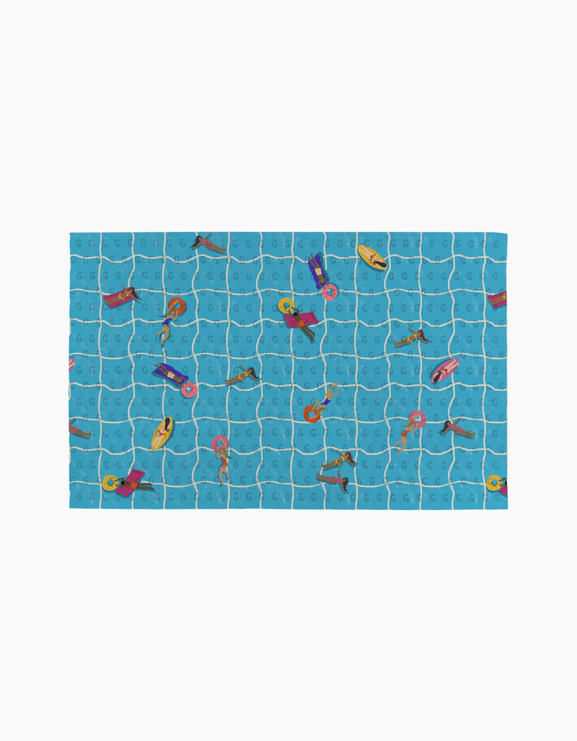 At The Pool by Geometry: An overhead illustration of a blue tiled pool with people swimming, floating on eco-friendly pool floats, and surfing.
