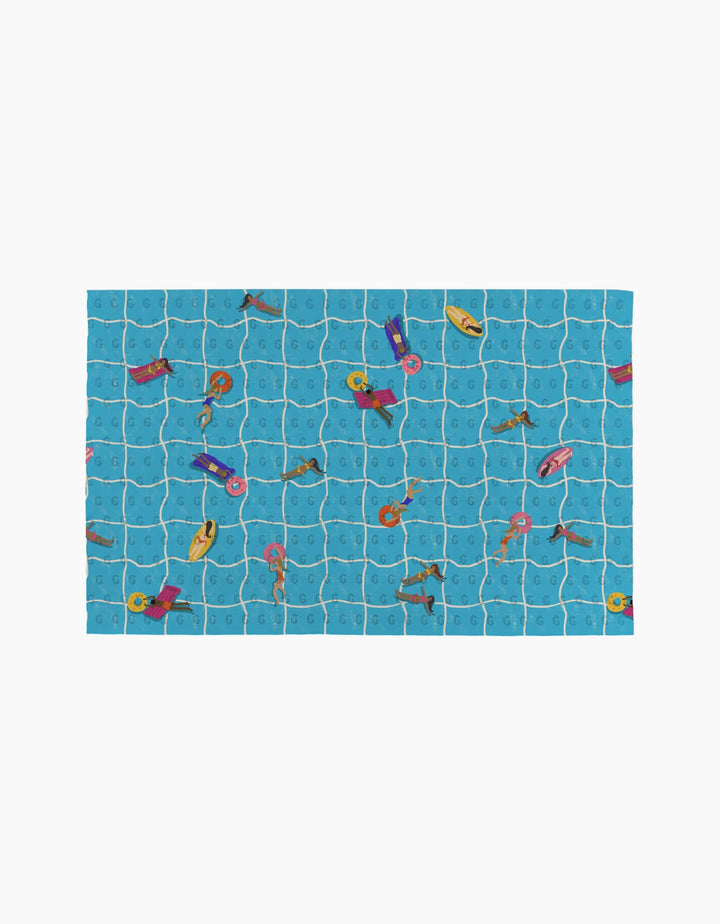 At The Pool by Geometry: An overhead illustration of a blue tiled pool with people swimming, floating on eco-friendly pool floats, and surfing.