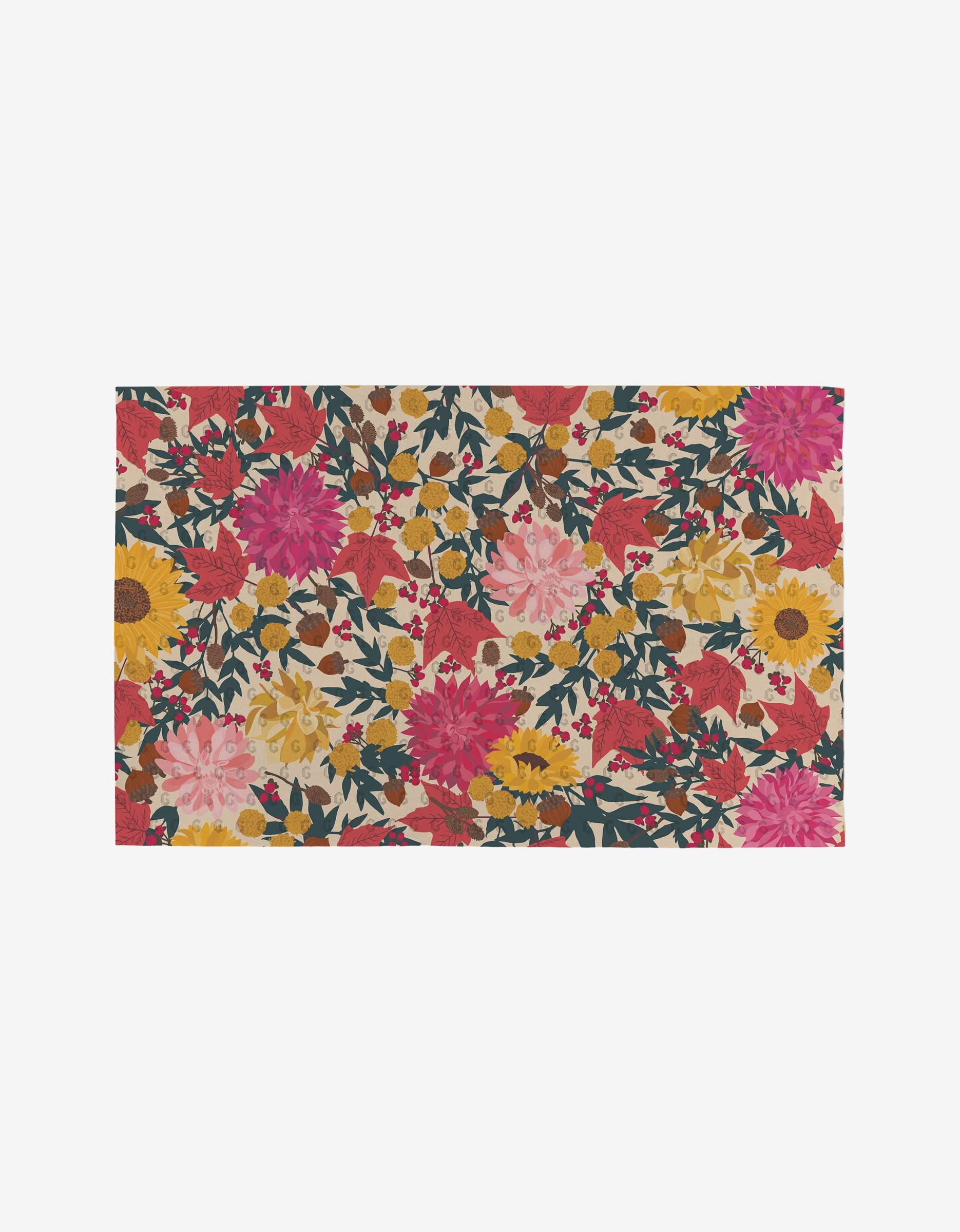 Autumn Florals by Rebecca Bobko: a rectangular rug with dense red, yellow, pink, and orange flowers plus green leaves on a light background—an eco-friendly alternative to disposable décor. Not Paper Towels!.