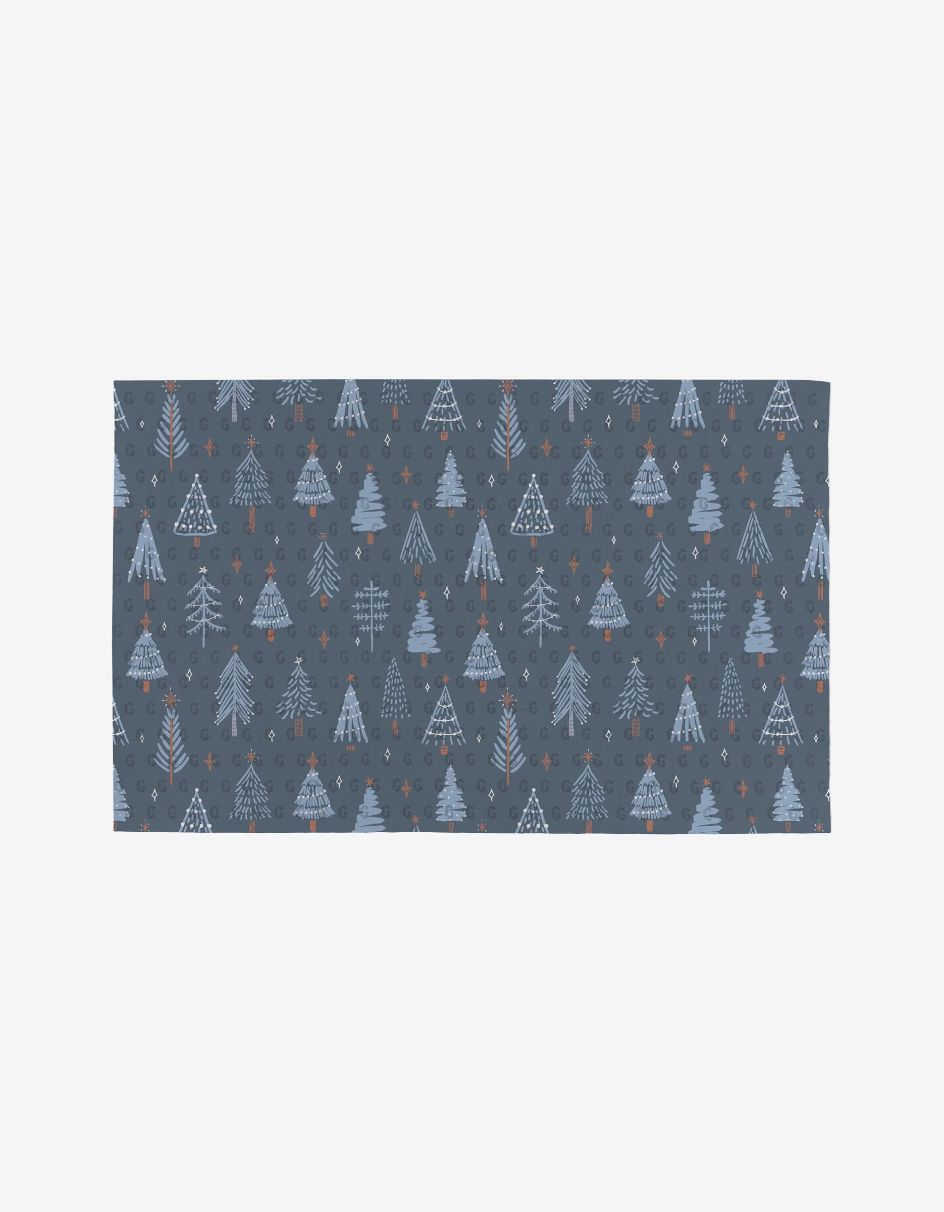 Blue X-Mas by Hufton Studio is a reusable cloth with a blue-gray background, light blue stylized Christmas trees, and red dots—an eco-friendly alternative to Not Paper Towels.