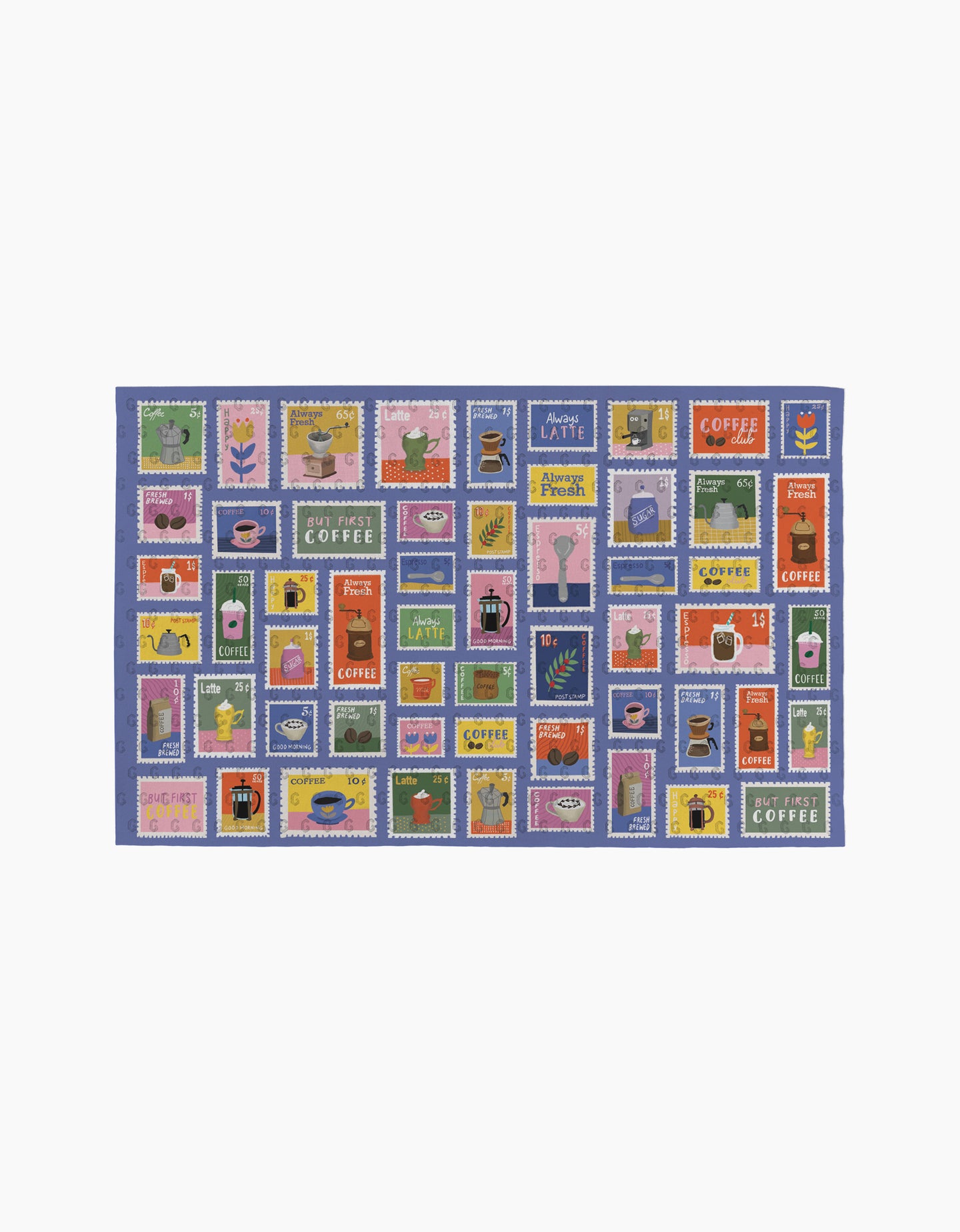 Brewed By Mail by Cottonflower Studio is a colorful rectangular mat with a grid of coffee-themed stamps—mugs, pots, and playful words—that pairs perfectly with eco-friendly kitchen towels or reusable Not Paper Towels in your home.