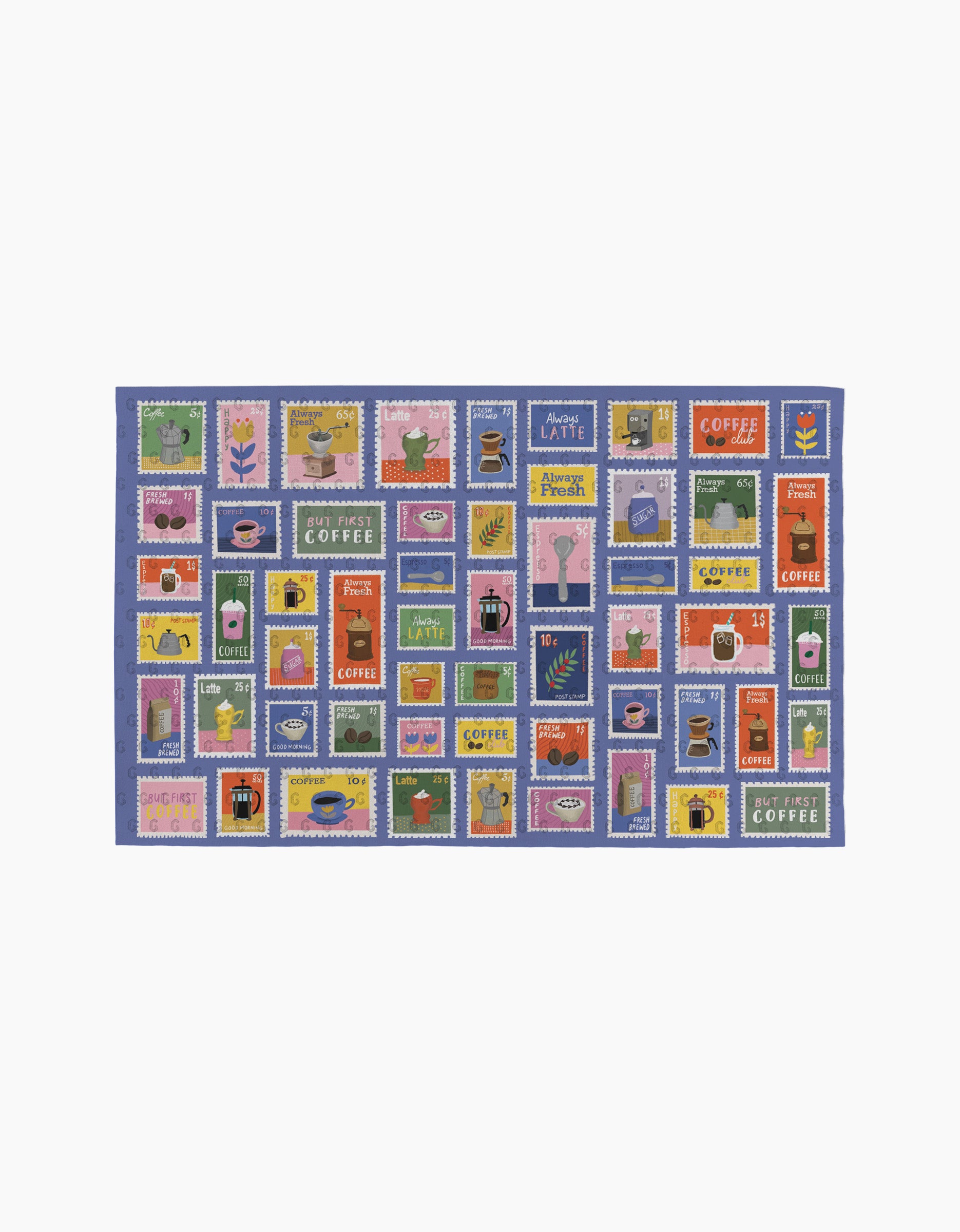 Brewed By Mail by Cottonflower Studio is a colorful rectangular mat with a grid of coffee-themed stamps—mugs, pots, and playful words—that pairs perfectly with eco-friendly kitchen towels or reusable Not Paper Towels in your home.
