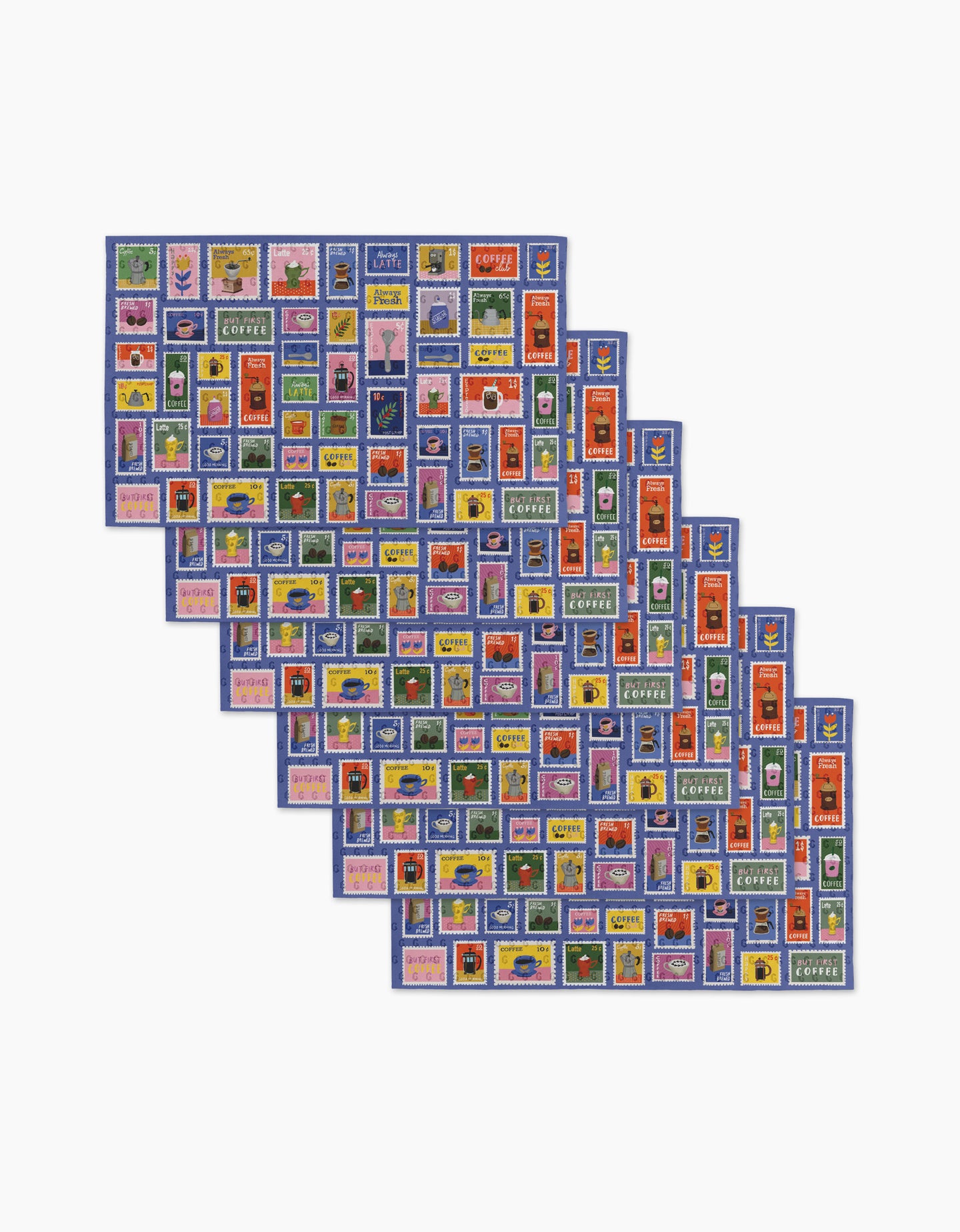 A rectangular display of vibrant, vintage-style Brewed By Mail stamps by Cottonflower Studio—each with plants and animals on blue, evoking the charm and variety of eco-friendly towels.