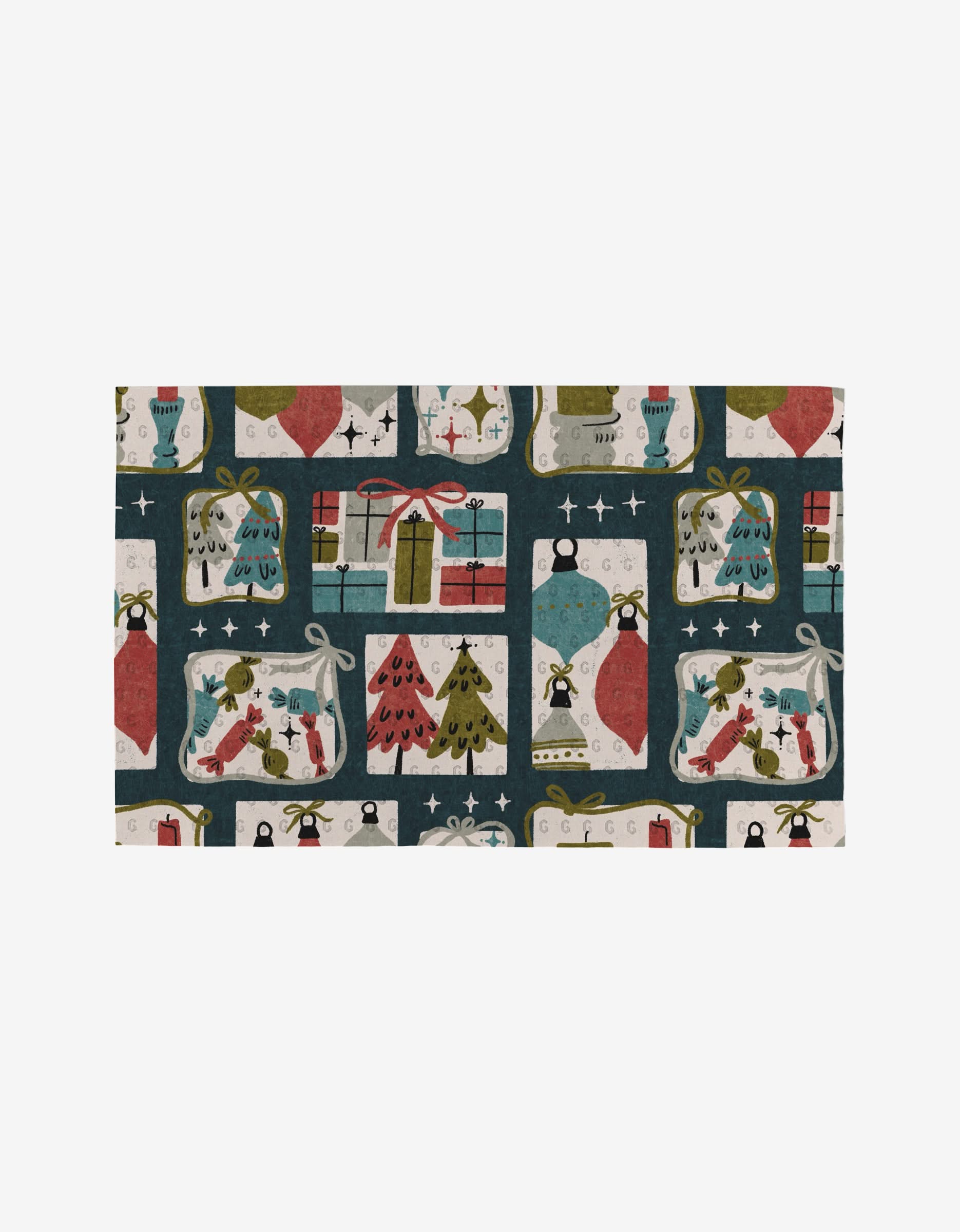 Cady Dark by Amy MacCready is a festive holiday fabric with gift, ornament, tree, and penguin squares in vibrant colors on a dark background—crafted from eco-friendly post-consumer recycled materials.