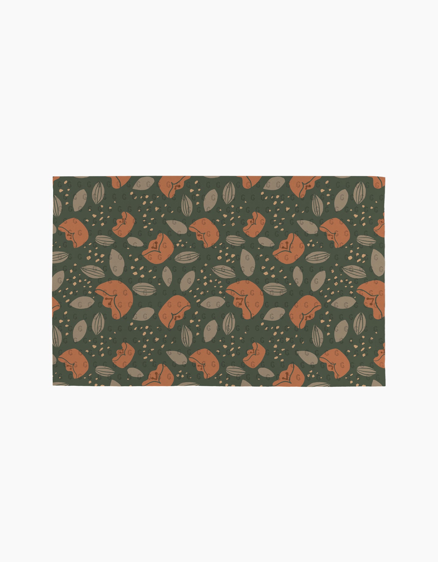The Cali Sun mat by Amberleigh Adoff features orange rabbits, beige leaves, and dots on a dark green background for an eco-friendly touch inspired by reusable paper towels.