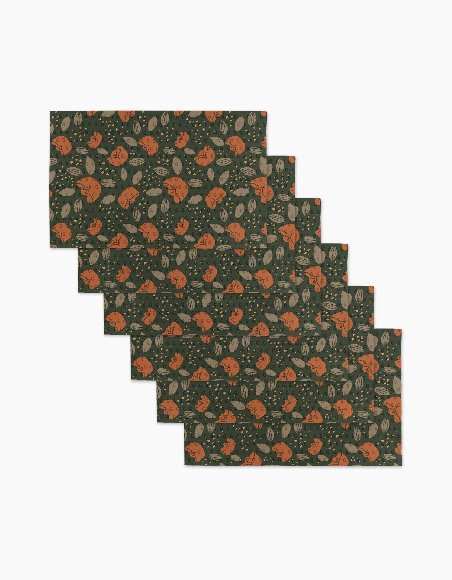 Six Cali Sun reusable paper towels by Amberleigh Adoff, featuring a dark green background with orange foxes, gray leaves, and beige accents, are shown arranged in a staggered stack.