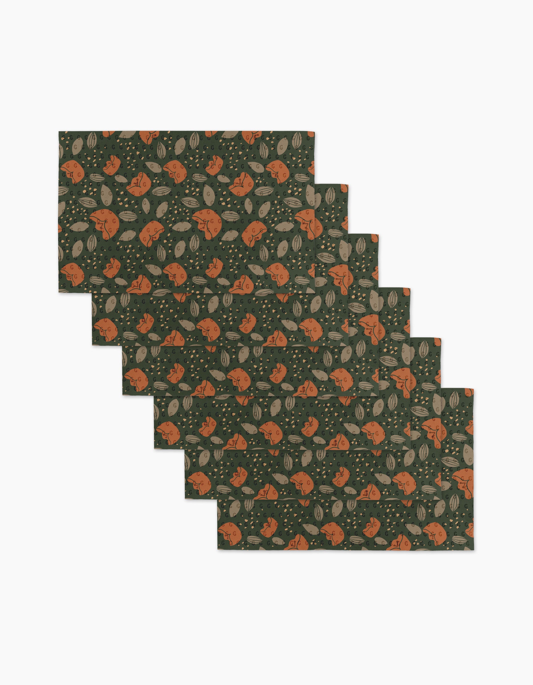 Six Cali Sun reusable paper towels by Amberleigh Adoff, featuring a dark green background with orange foxes, gray leaves, and beige accents, are shown arranged in a staggered stack.
