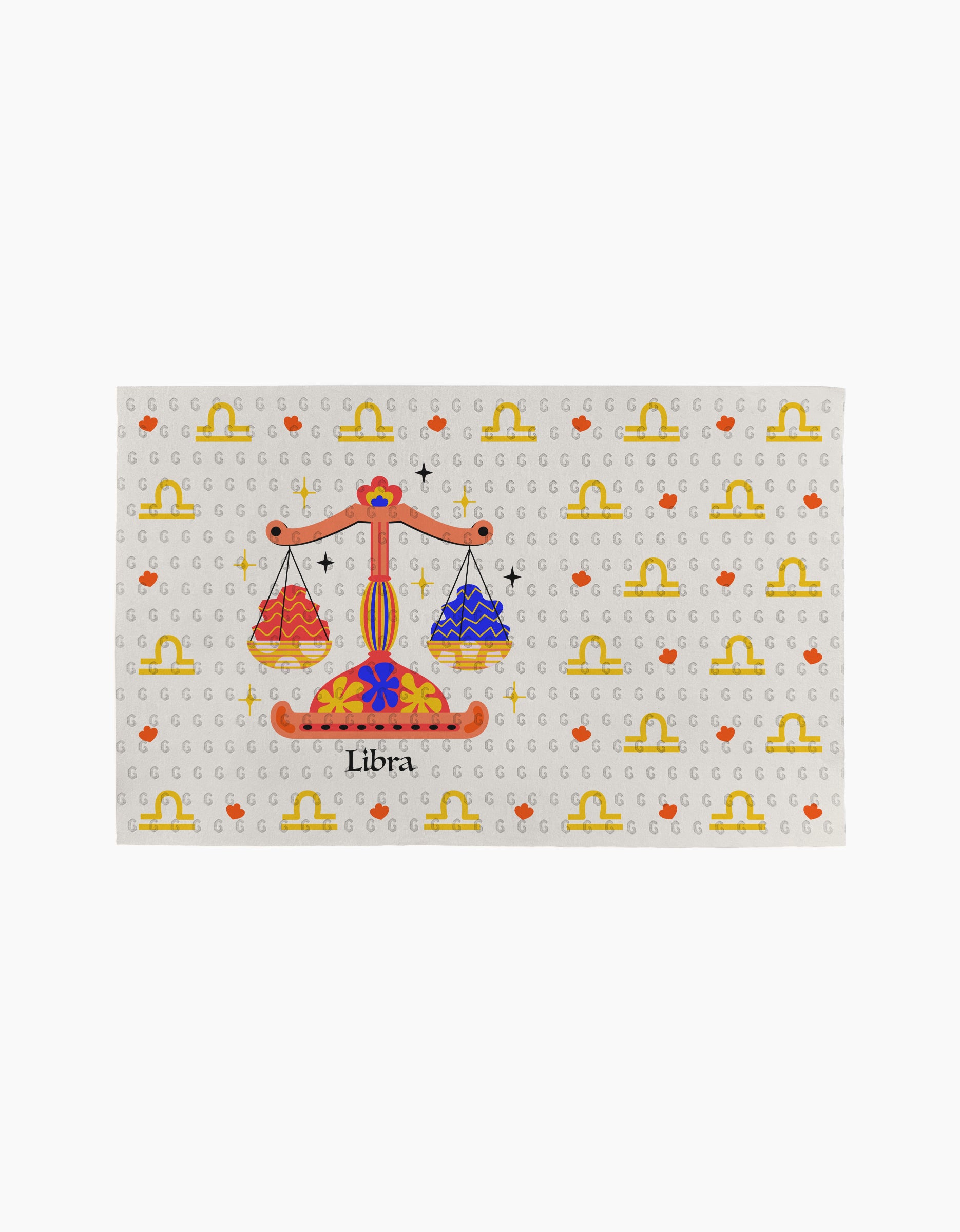 Illustration of a balance scale with red and blue cakes, symbolizing Libra, and "Charming Libra" by Heather Zhou below. Yellow Libra symbols and stars decorate the background, reflecting the eco-friendly use of recycled paper towels.