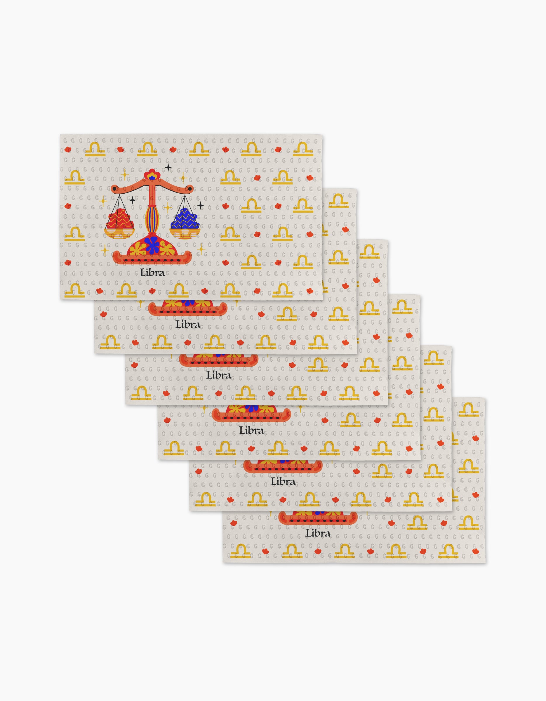 Set of six "Charming Libra" placemats by Heather Zhou, each with zodiac symbols, a vibrant scale, and red hearts on white—ideal for adding flair to your gathering when paired with eco-friendly paper towels.