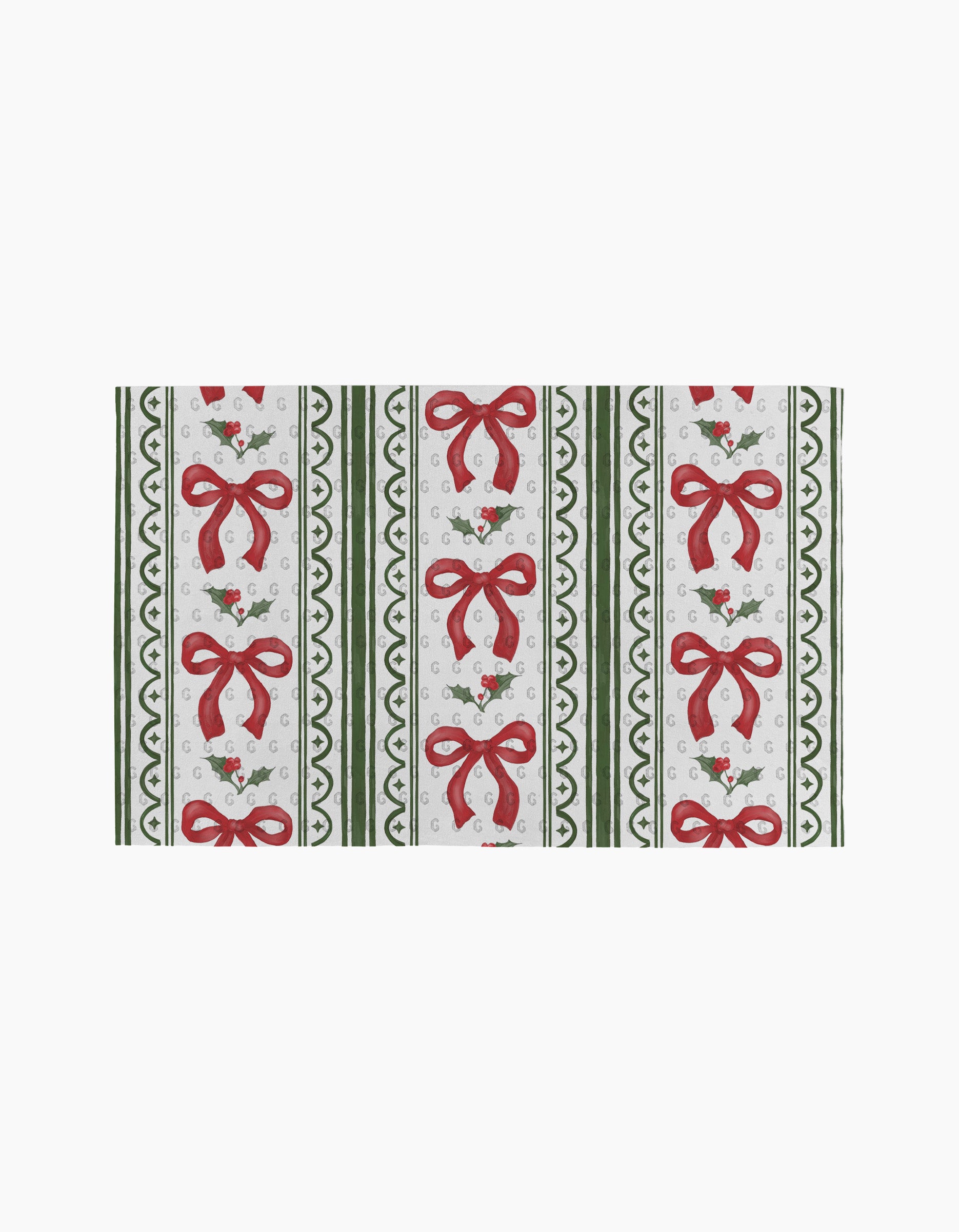 Aubrey Fairchild's Christmas Bow Stripe features vertical green stripes, rows of red bows, and holly leaves on white with scalloped edges—ideal for festive or eco-friendly reusable paper towels. Symmetrical repeating design.