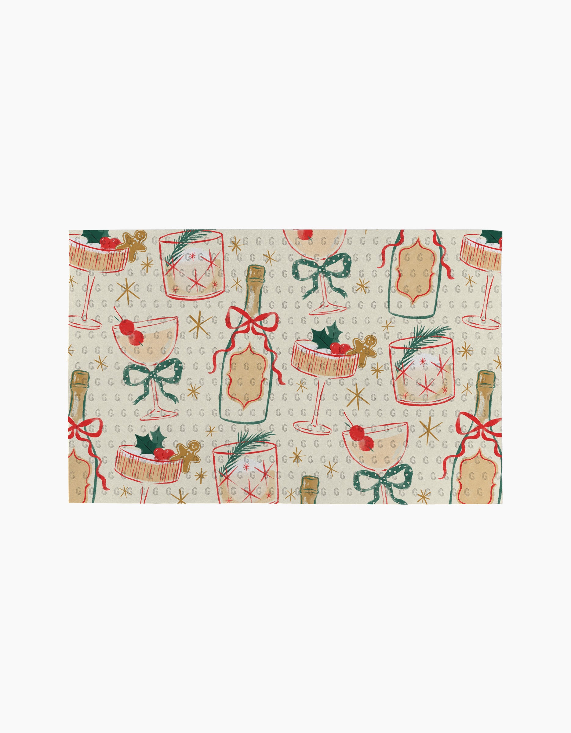 Christmas Cocktails" by Louise Pretzel features a festive cream background with champagne bottles, glasses, cocktails, holly, ribbons, and stars in red, green, and gold—ideal for eco-friendly paper towels this holiday season.