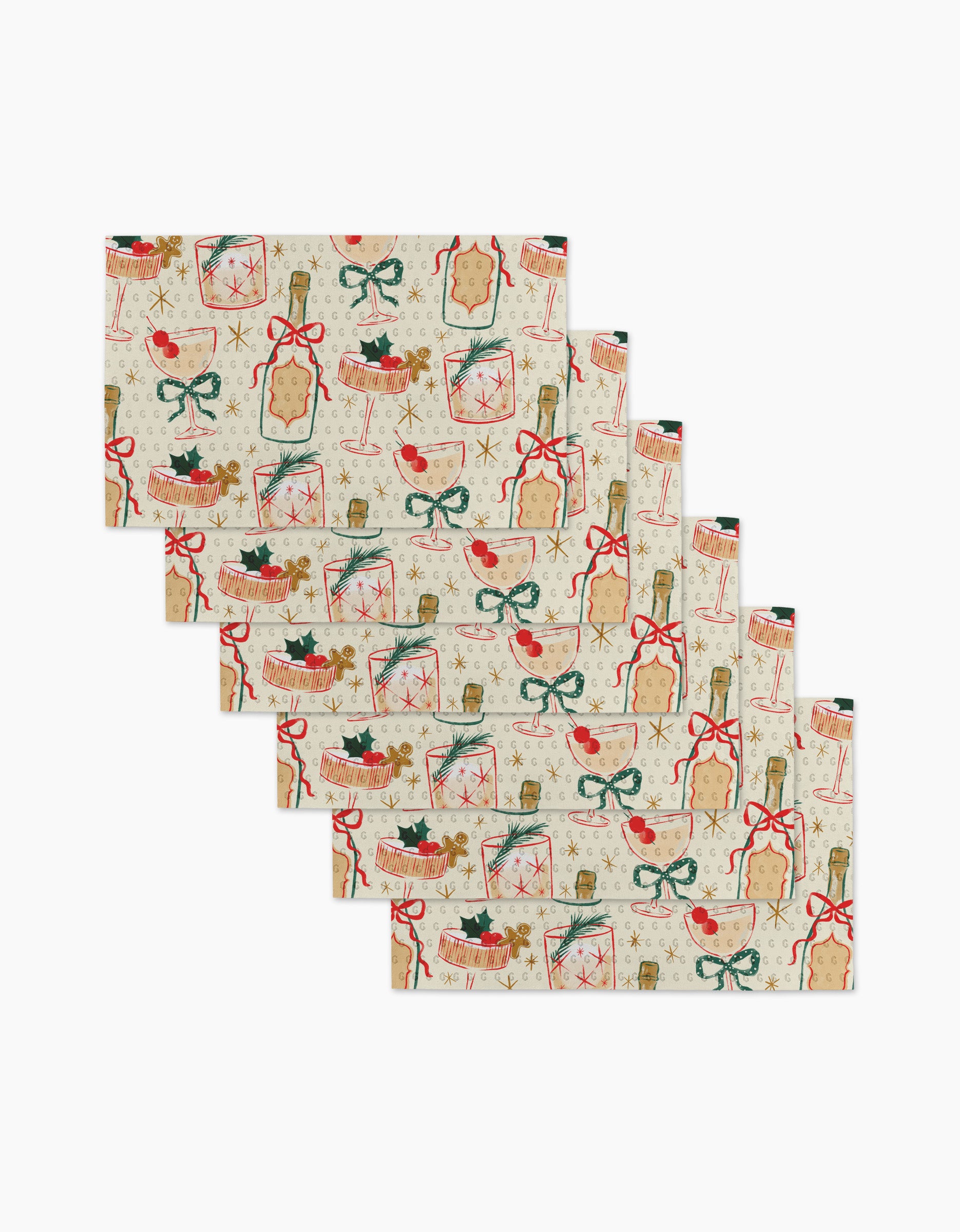 Six festive "Christmas Cocktails" placemats by Louise Pretzel, crafted from eco-friendly paper towels with a cream background, feature red, green, and gold Christmas motifs like holly, bows, ornaments, and gift tags.