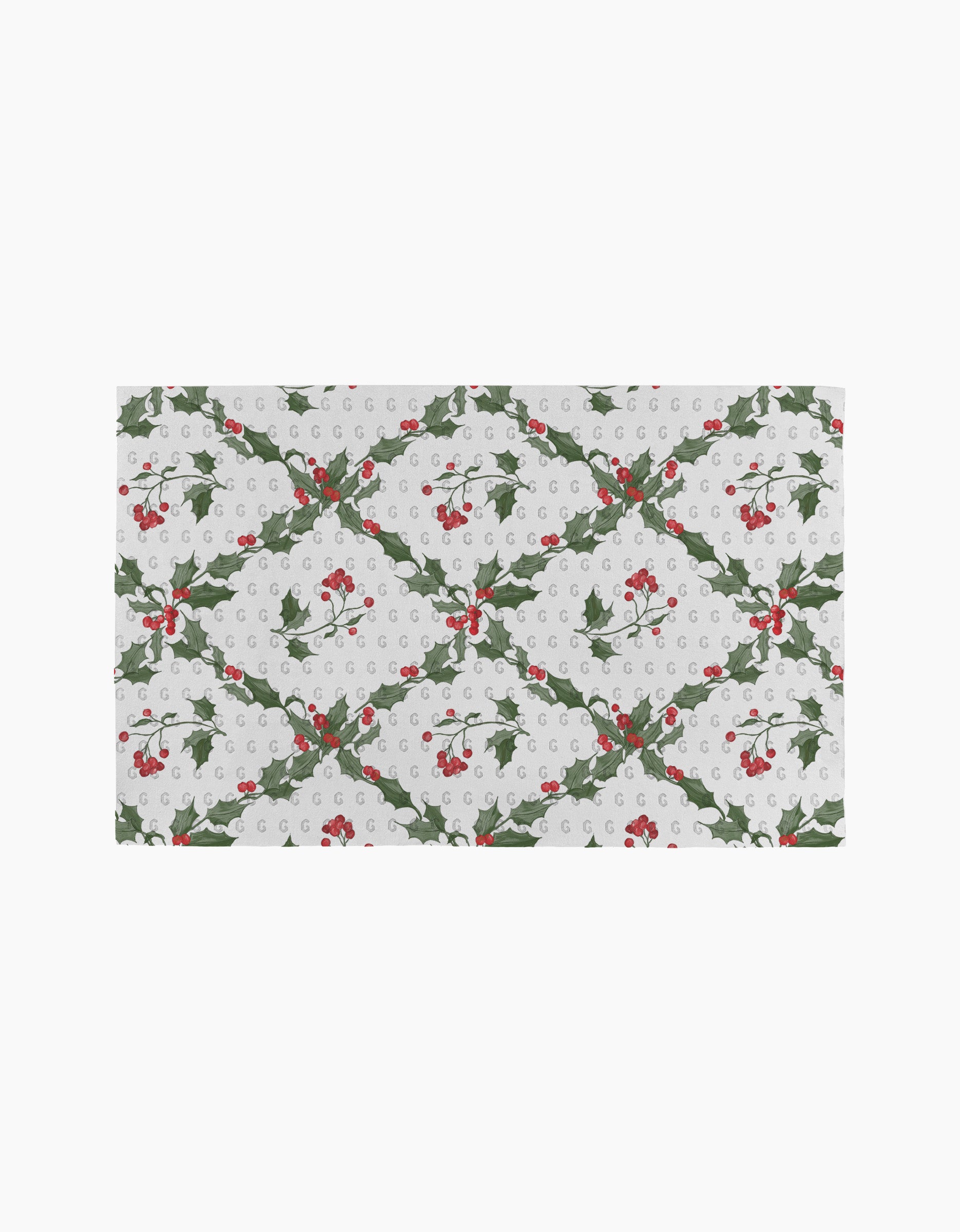 Christmas Lattice by Aubrey Fairchild features a festive, eco-friendly fabric with diagonal green holly leaves and red berries on a white and gray background—ideal as reusable paper towels for a sustainable holiday touch.